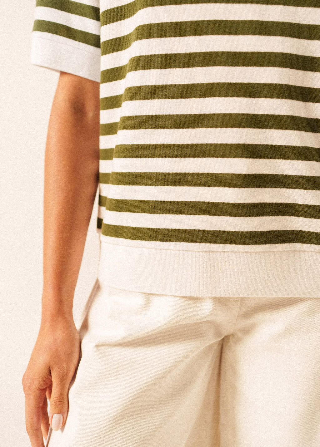 Saint James CAROLA Striped Knit Polo Shirt (WHITE / ARMY GREEN)