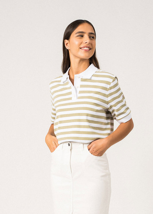 Saint James Carola Striped Cotton Polo Shirt White Soft Almond