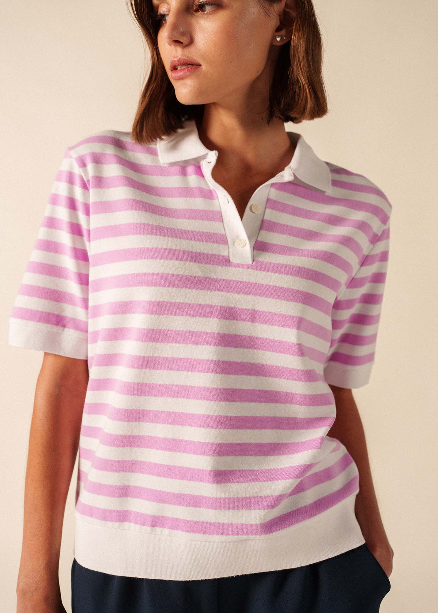 Saint James CAROLA Striped Knit Polo Shirt (WHITE / TEA ROSE PINK)