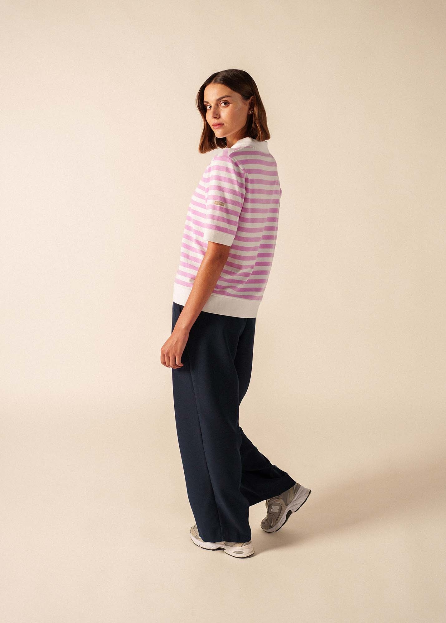Saint James CAROLA Striped Knit Polo Shirt (WHITE / TEA ROSE PINK)