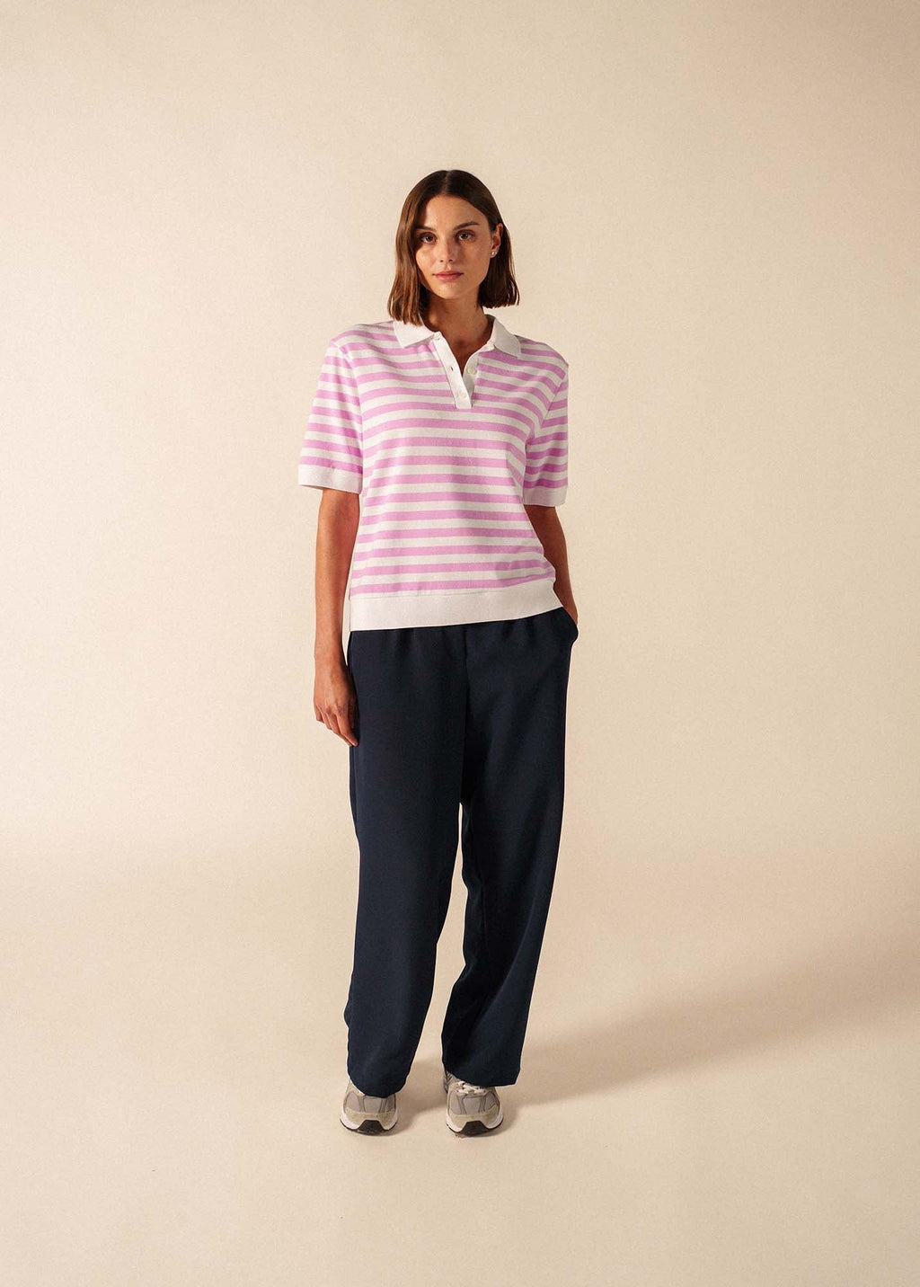 Saint James CAROLA Striped Knit Polo Shirt (WHITE / TEA ROSE PINK)