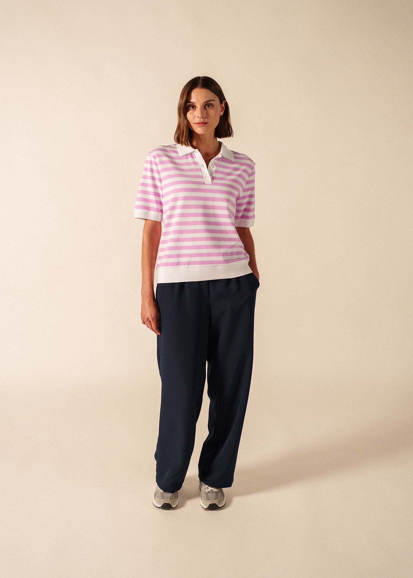 Saint James CAROLA Striped Knit Polo Shirt (WHITE / TEA ROSE PINK)