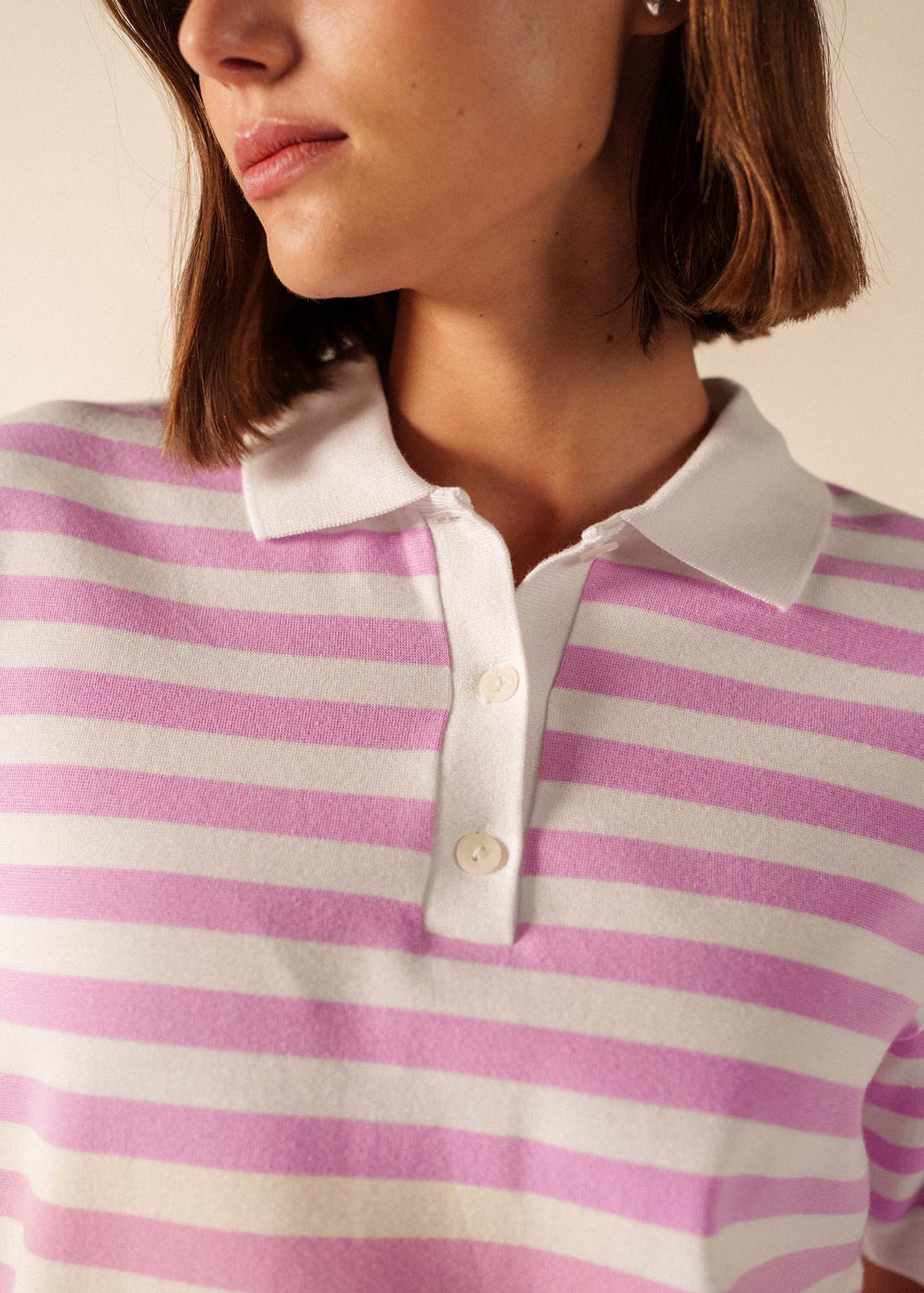 Saint James CAROLA Striped Knit Polo Shirt (WHITE / TEA ROSE PINK)