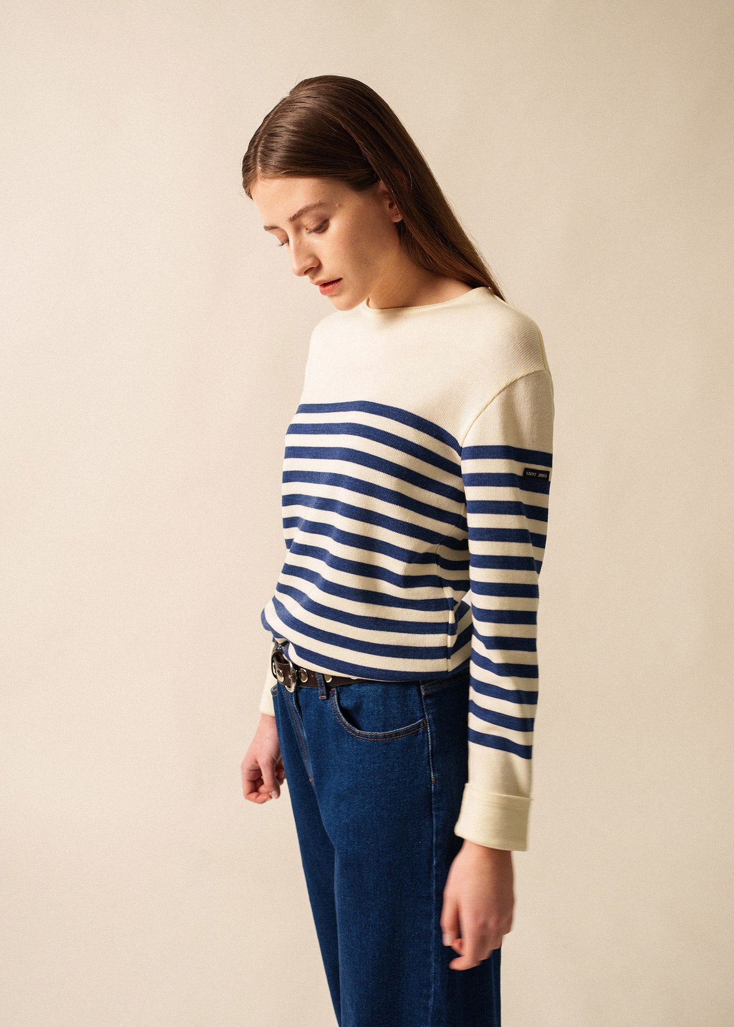 Saint James ECRINS - Striped Sweater in Soft Wool for Women (IVORY / DENIM BLUE)