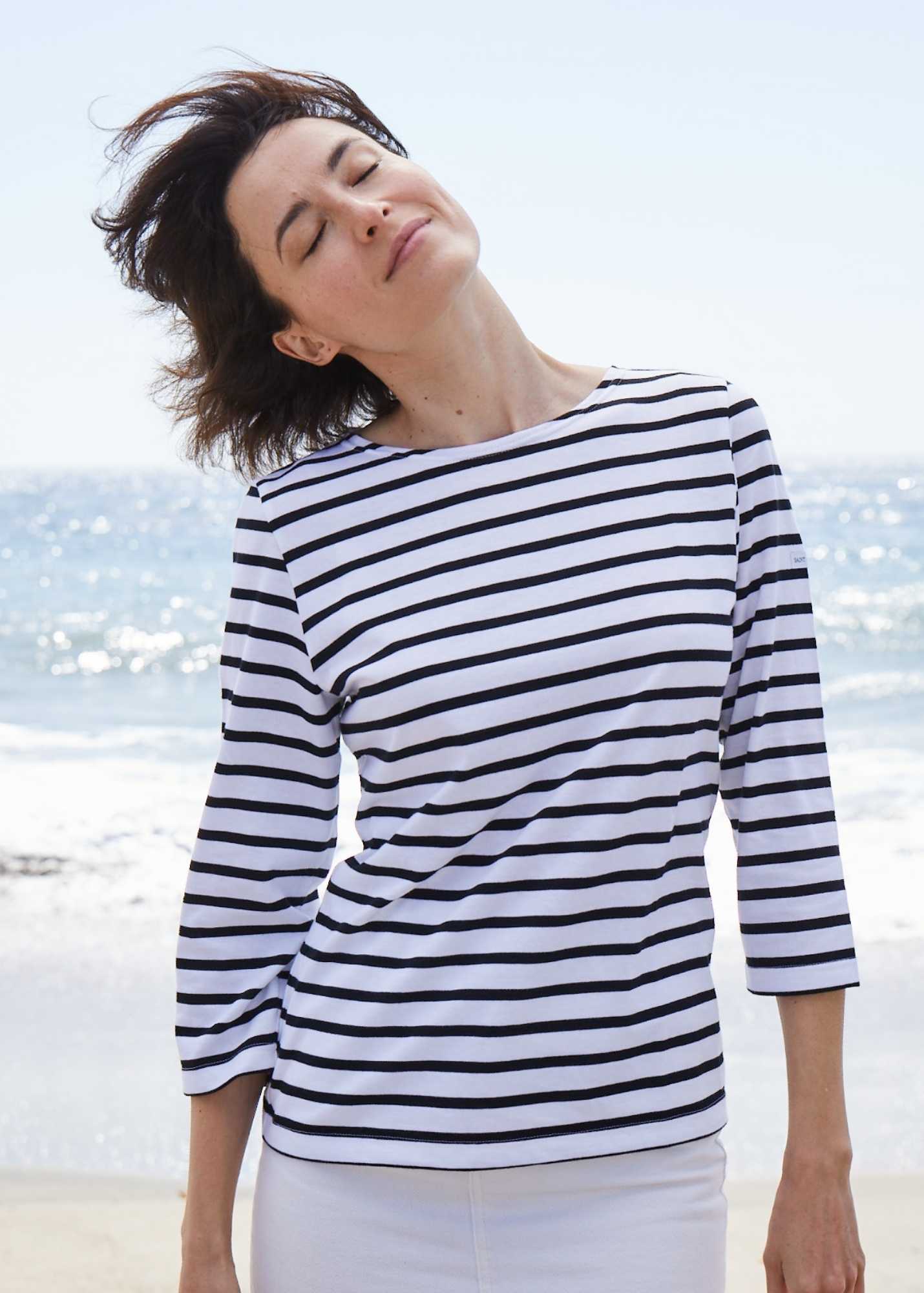 Saint James GALATHEE II - Breton Striped Top with ¾ Sleeve | Soft Cotton | Women Fit (WHITE / BLACK)