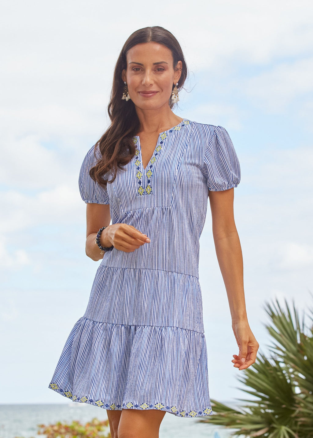 Cabana Life Seaside Embroidered Short Sleeve Tiered Dress