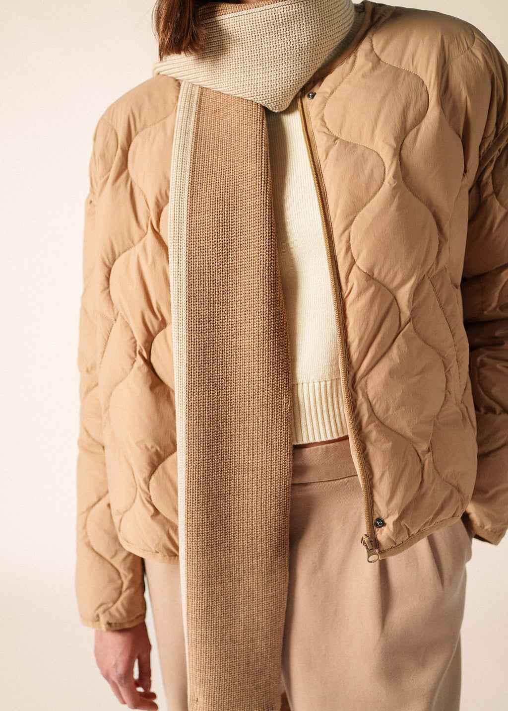 Saint James Canoe Two-Tone Purl Knit Scarf, Dark Beige / Beige