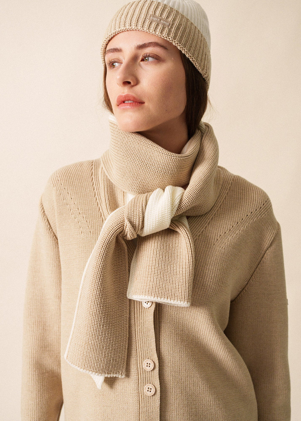 Saint James CANOE - Two-Tone Purl Knit Scarf (WINTER WHITE / BEIGE)