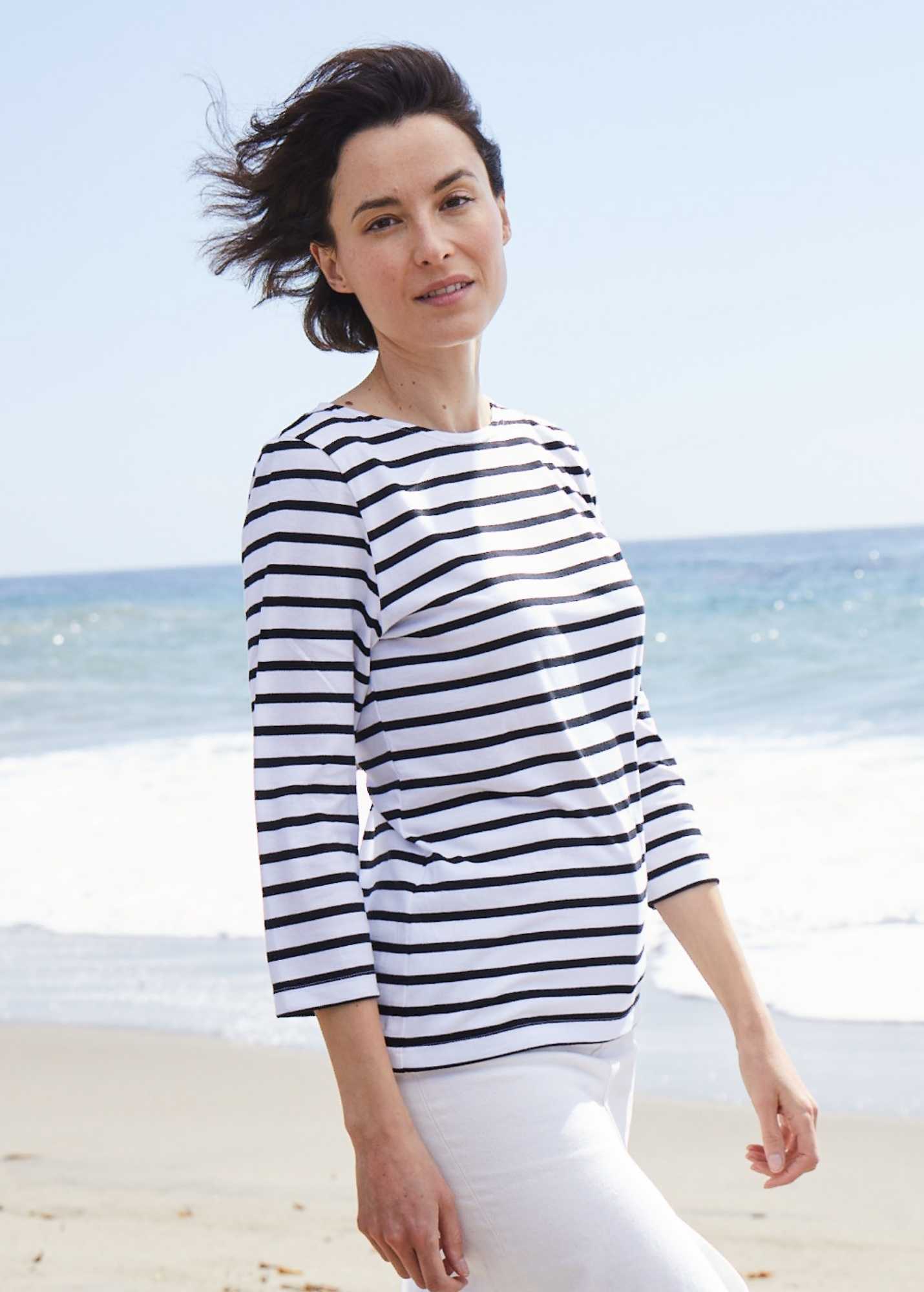 Saint James GALATHEE II - Breton Striped Top with ¾ Sleeve | Soft Cotton | Women Fit (WHITE / BLACK)