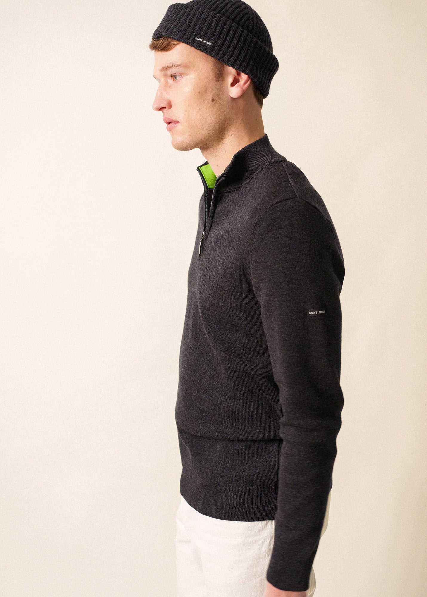 Saint James CROSSLEY II - Merino Wool Quarter-Zip Sweater with Contrast Collar (CHARCOAL / NEON GREEN)