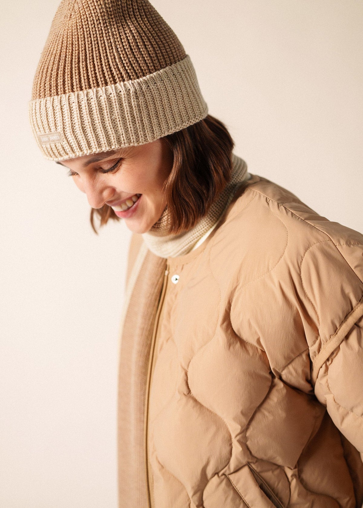 Saint James Canot Two-Tone Soft Wool Beanie in Purl Knit, Dark Beige / Beige