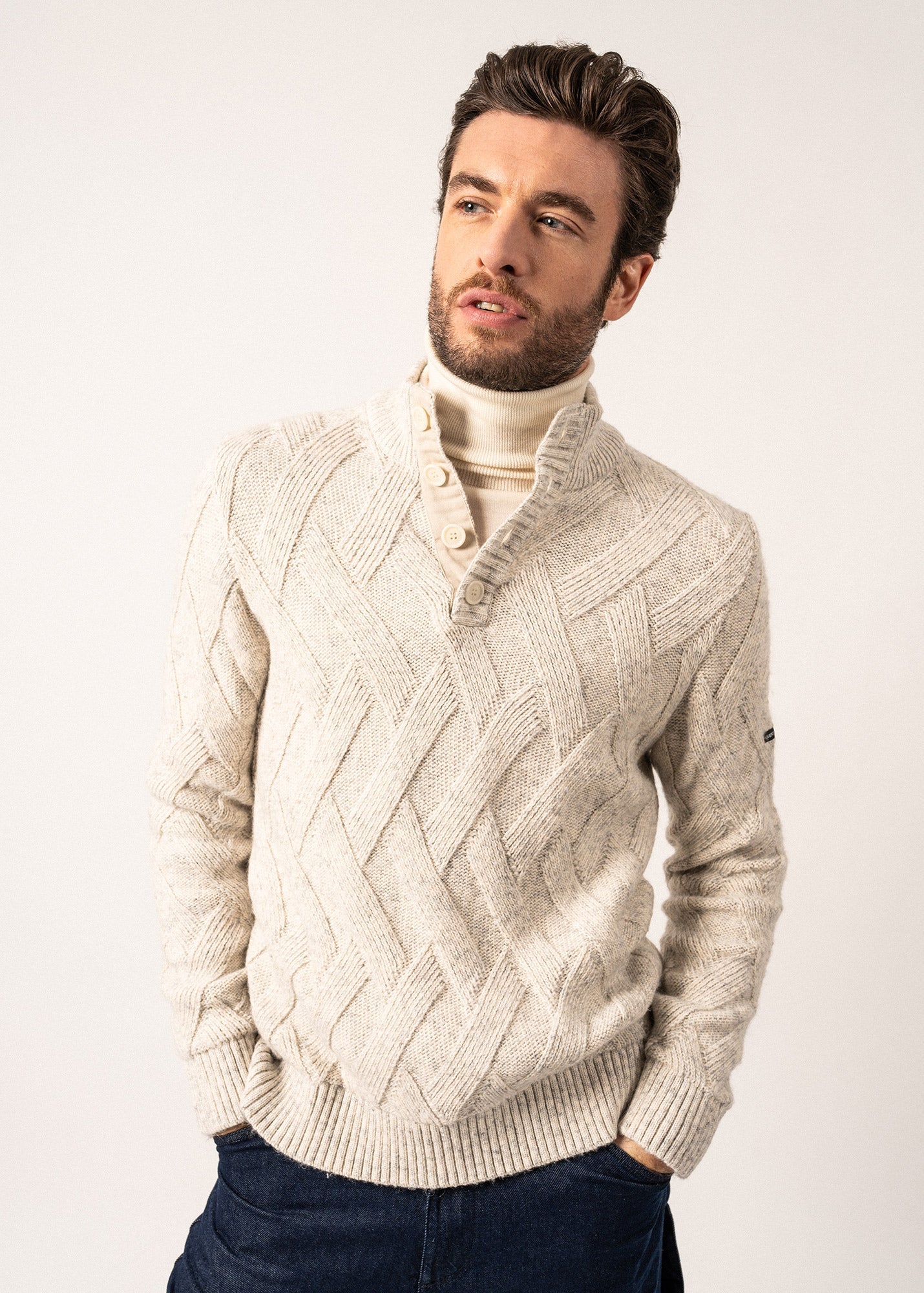 Saint James NEUCHATEL - 1/4 Buttoned, High-Collar Sweater with Structured Knit (LIGHT GRAY MELANGE)