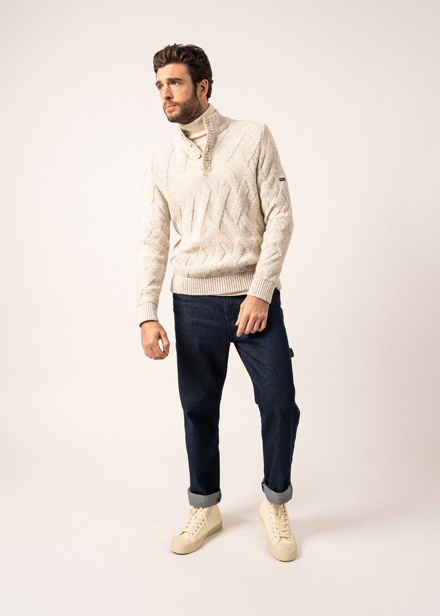 Saint James NEUCHATEL - 1/4 Buttoned, High-Collar Sweater with Structured Knit (LIGHT GRAY MELANGE)