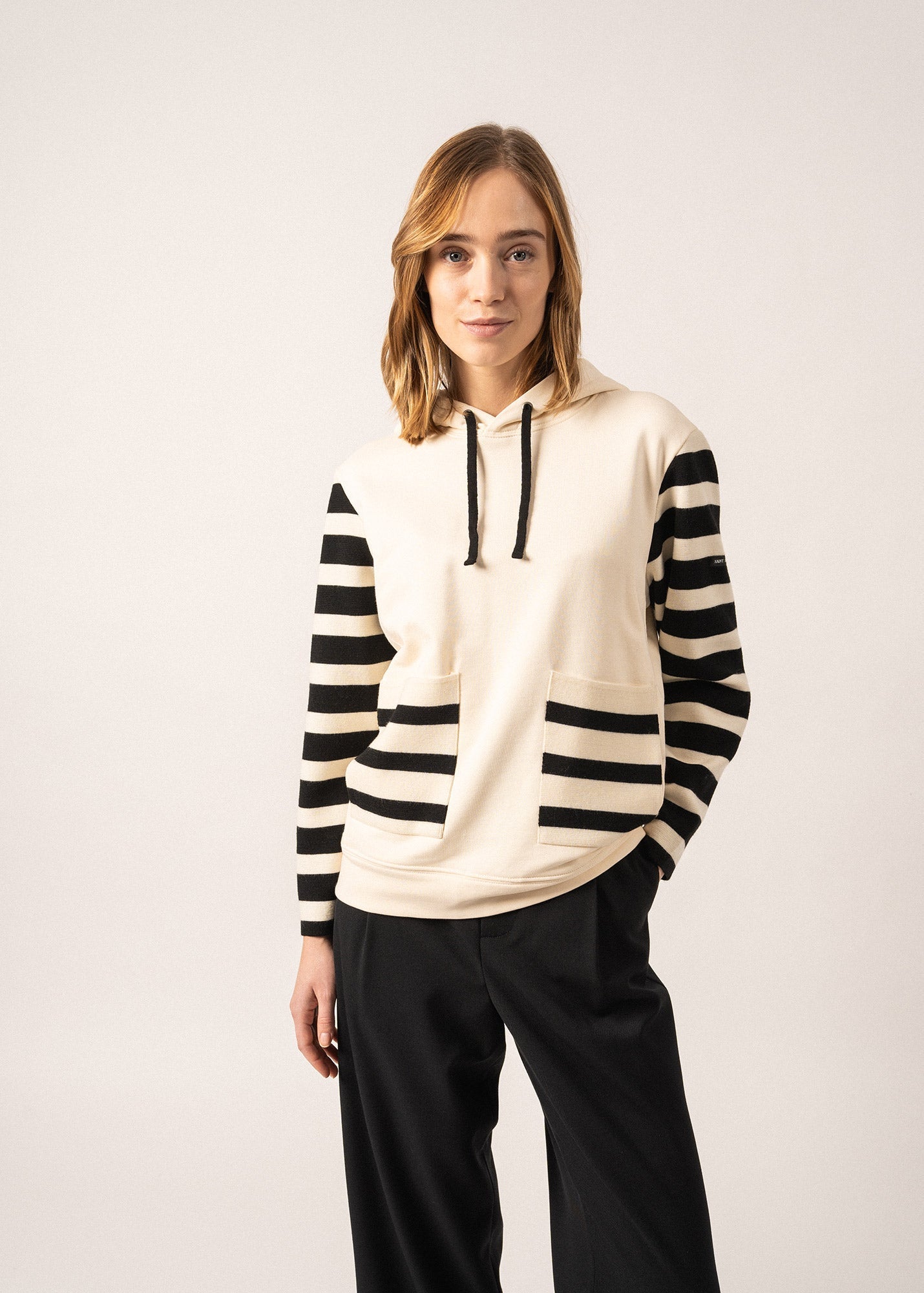 Saint James Blizzard Hoodie In Wool And Cotton For Women By Isabelle Ballu Ivory Black