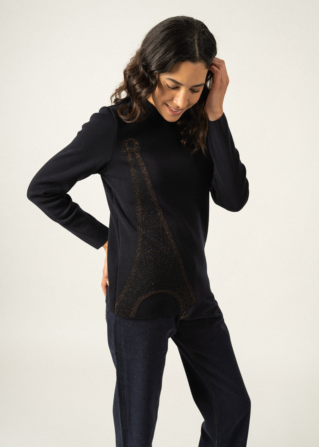 Saint James BREGANCON EIFFEL - Breton Sweater with Lurex Eiffel Tower Motif (NAVY / BRONZE)