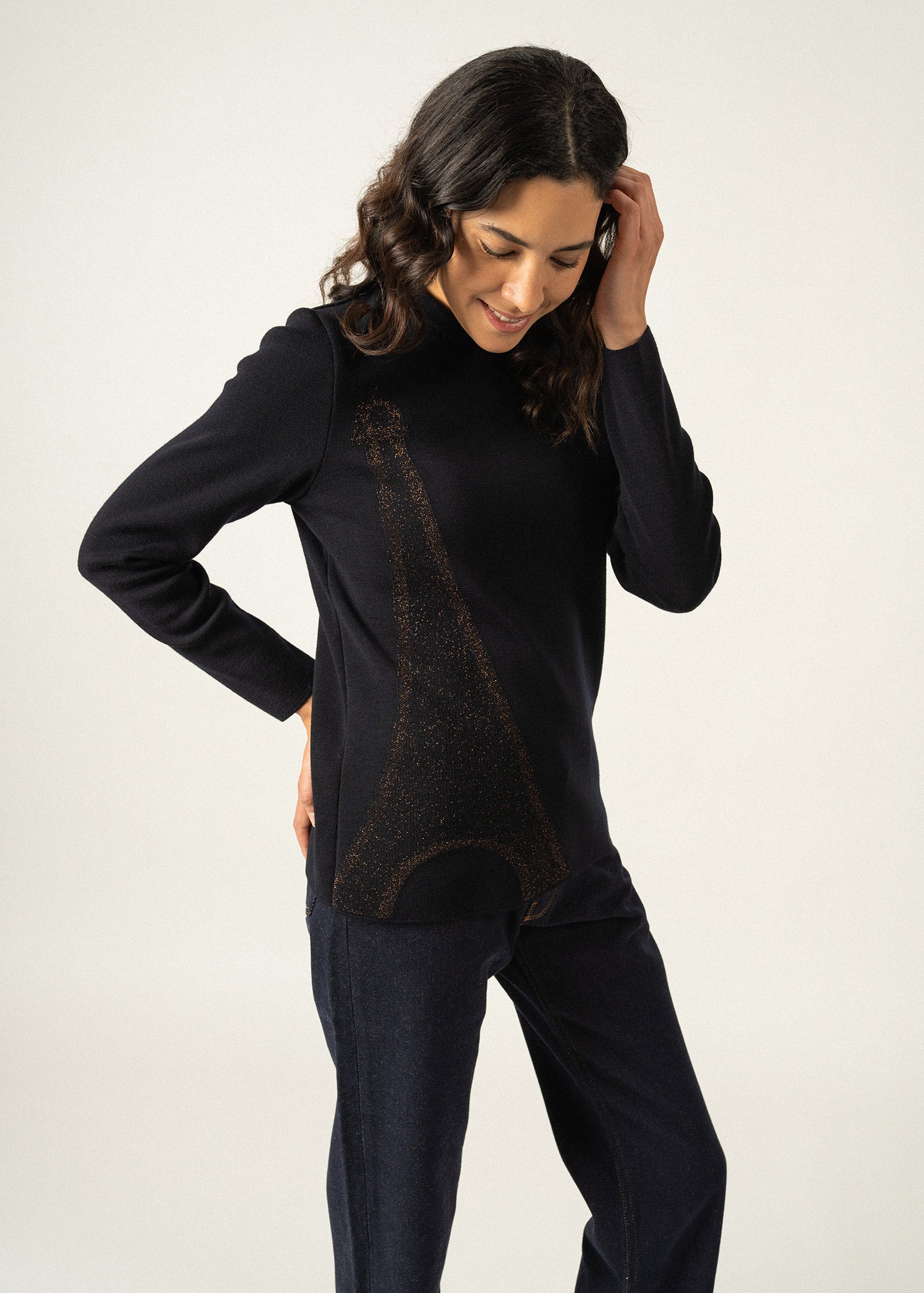 Saint James BREGANCON EIFFEL - Breton Sweater with Lurex Eiffel Tower Motif (NAVY / BRONZE)