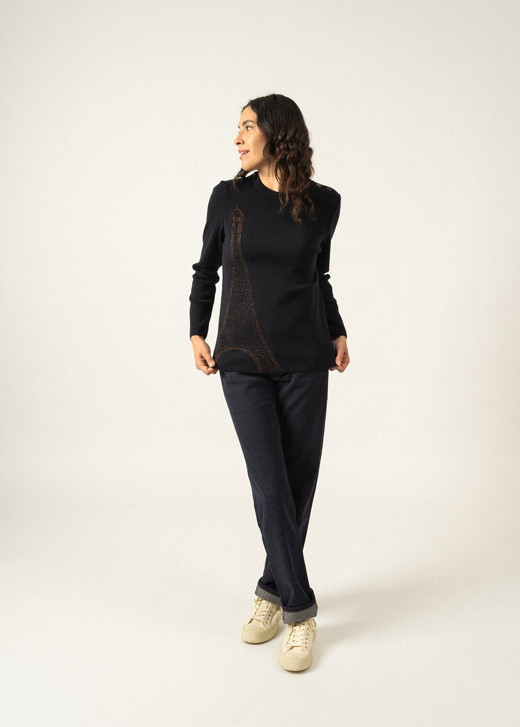 Saint James BREGANCON EIFFEL - Breton Sweater with Lurex Eiffel Tower Motif (NAVY / BRONZE)