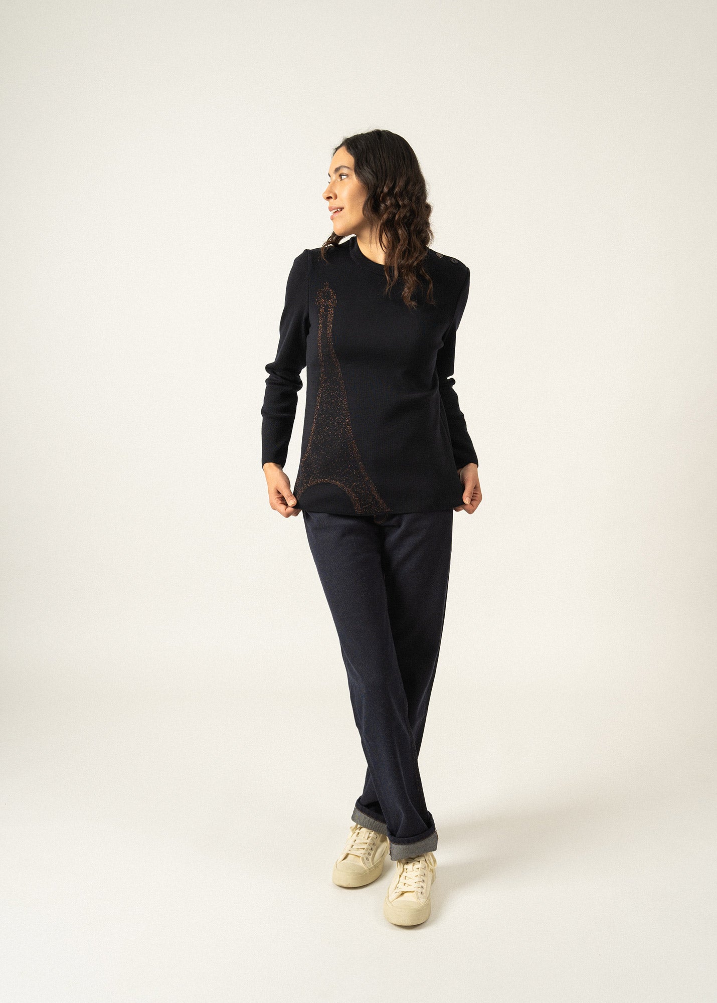 Saint James BREGANCON EIFFEL - Breton Sweater with Lurex Eiffel Tower Motif (NAVY / BRONZE)