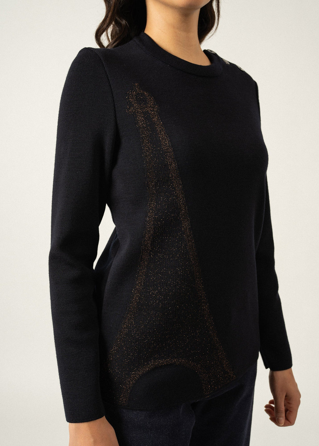 Saint James BREGANCON EIFFEL - Breton Sweater with Lurex Eiffel Tower Motif (NAVY / BRONZE)