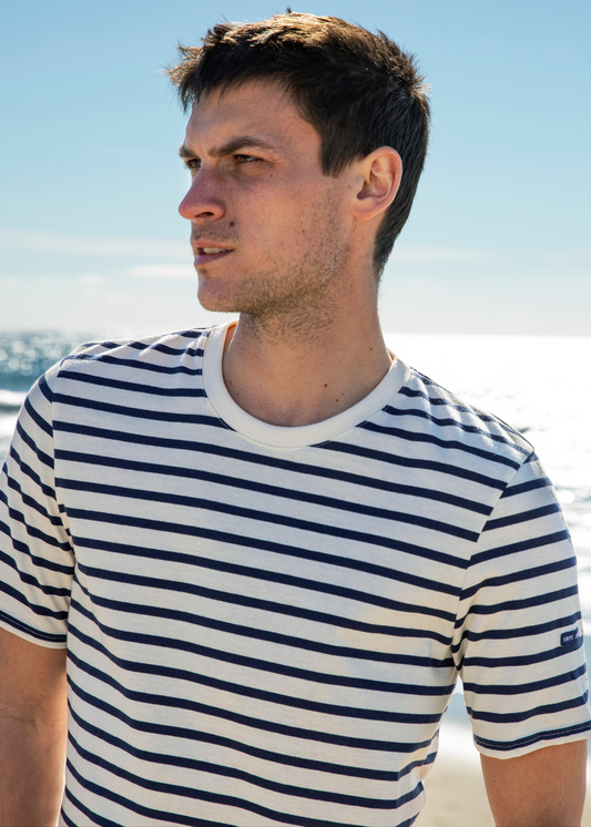 Saint James Plouider Breton T Shirt For Men Crew Neck 100% Cotton Ecru Navy