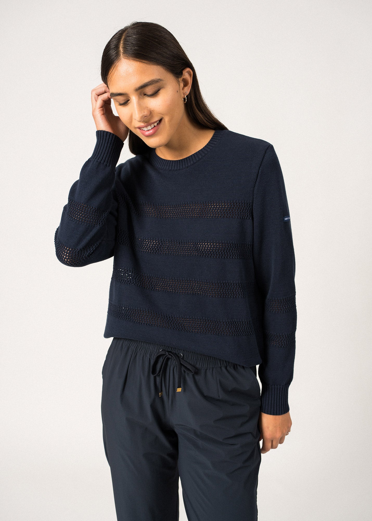 Saint James Monaco Openknit Crewneck Sweater For Women 100% Cotton Comfort Fit Navy