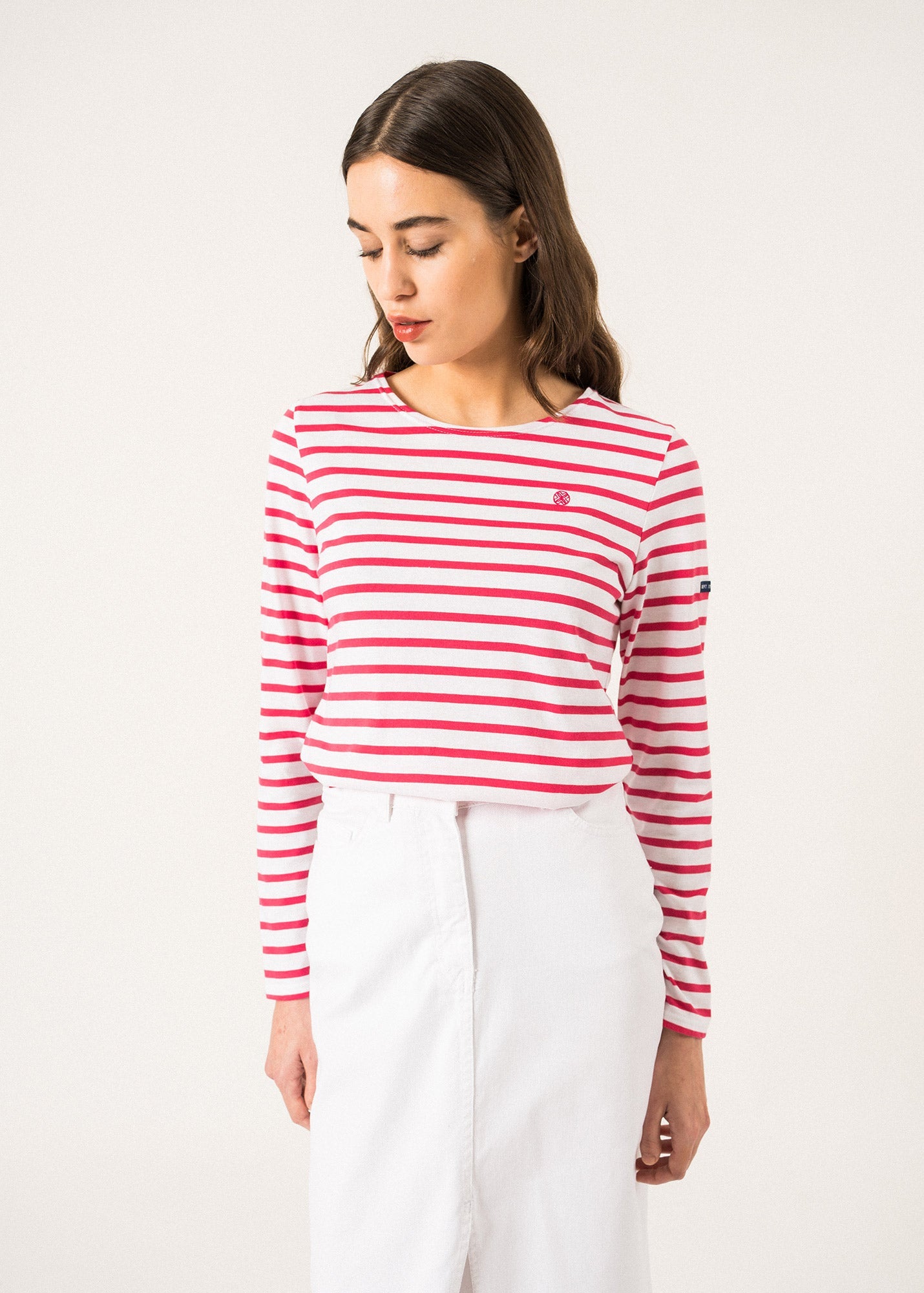 Saint James Lilly Pulitzer x MINQUIDAME - Long-Sleeve Breton Striped Shirt with Lilly Logo Embroidery | Soft Cotton | Women Fit (WHITE / NEON PINK)