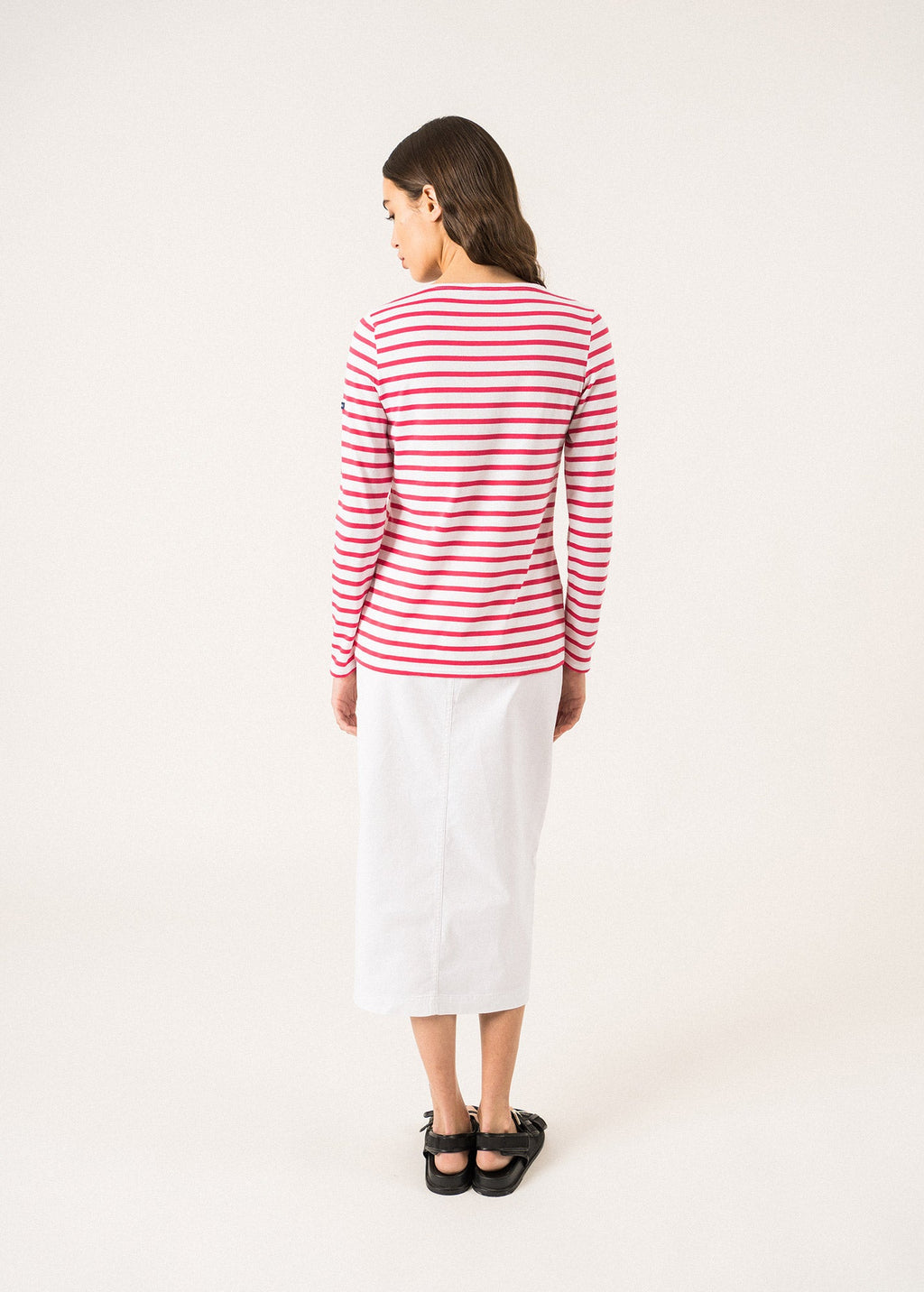 Saint James Lilly Pulitzer x MINQUIDAME - Long-Sleeve Breton Striped Shirt with Lilly Logo Embroidery | Soft Cotton | Women Fit (WHITE / NEON PINK)