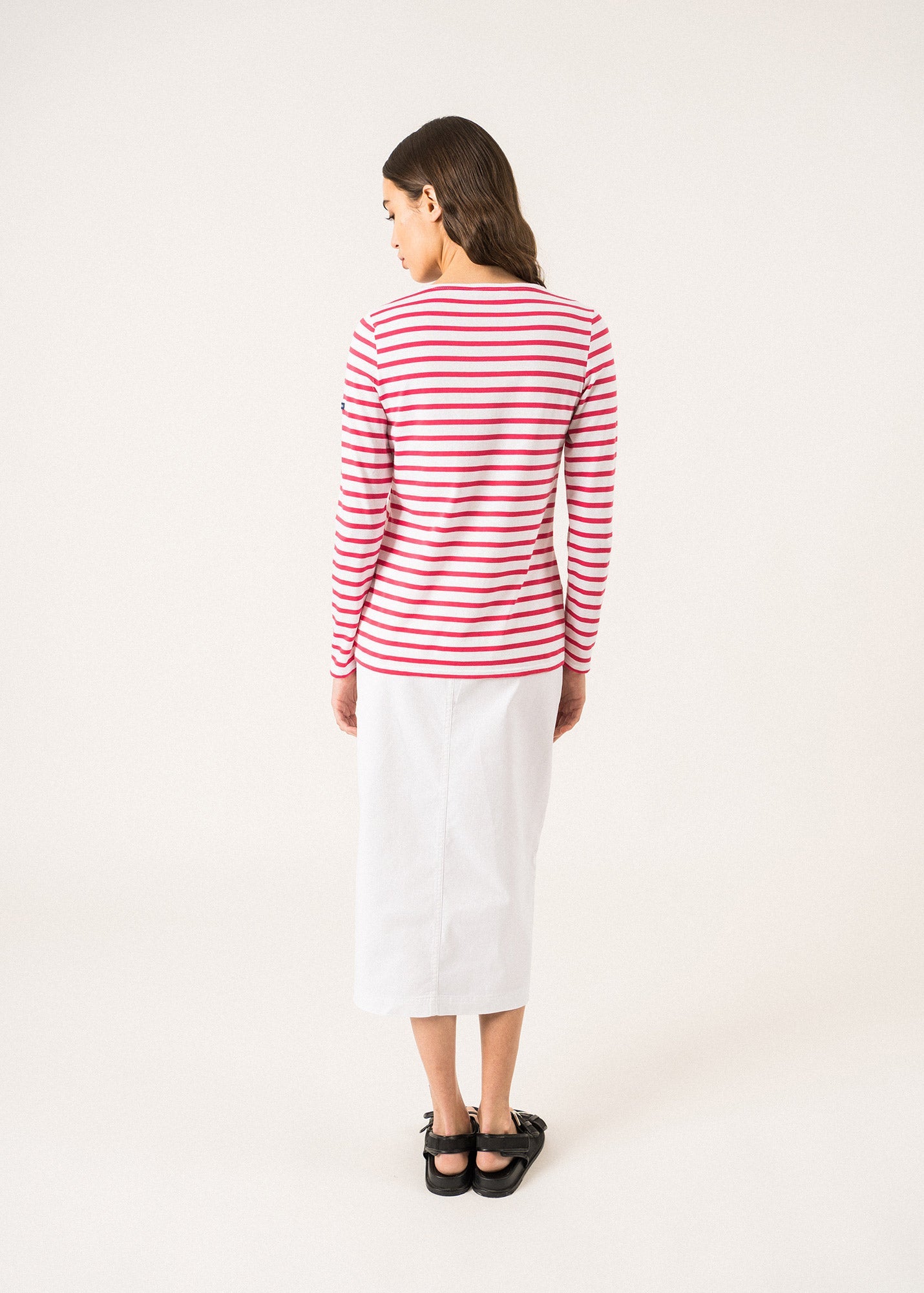 Saint James Lilly Pulitzer x MINQUIDAME - Long-Sleeve Breton Striped Shirt with Lilly Logo Embroidery | Soft Cotton | Women Fit (WHITE / NEON PINK)