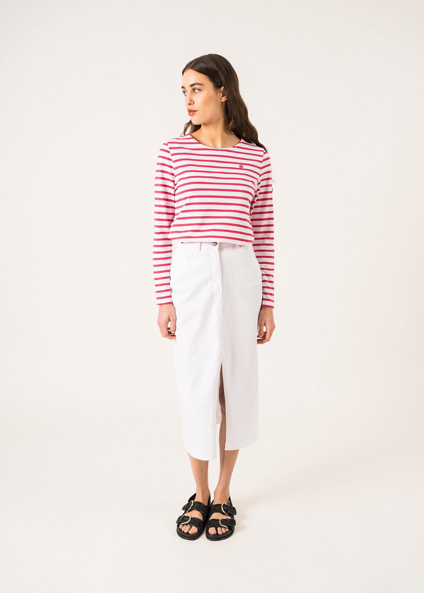 Saint James Lilly Pulitzer x MINQUIDAME - Long-Sleeve Breton Striped Shirt with Lilly Logo Embroidery | Soft Cotton | Women Fit (WHITE / NEON PINK)