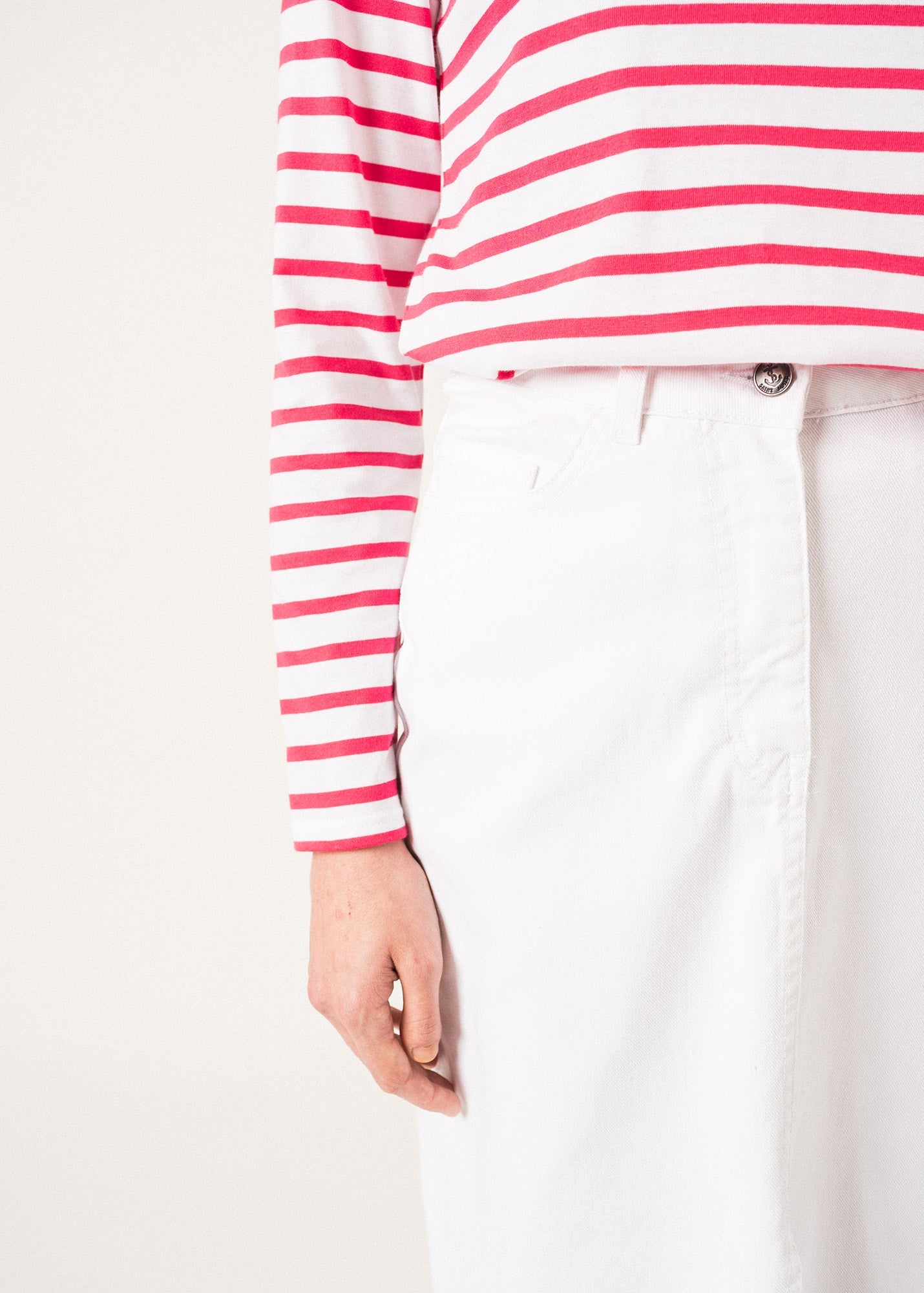 Saint James Lilly Pulitzer x MINQUIDAME - Long-Sleeve Breton Striped Shirt with Lilly Logo Embroidery | Soft Cotton | Women Fit (WHITE / NEON PINK)