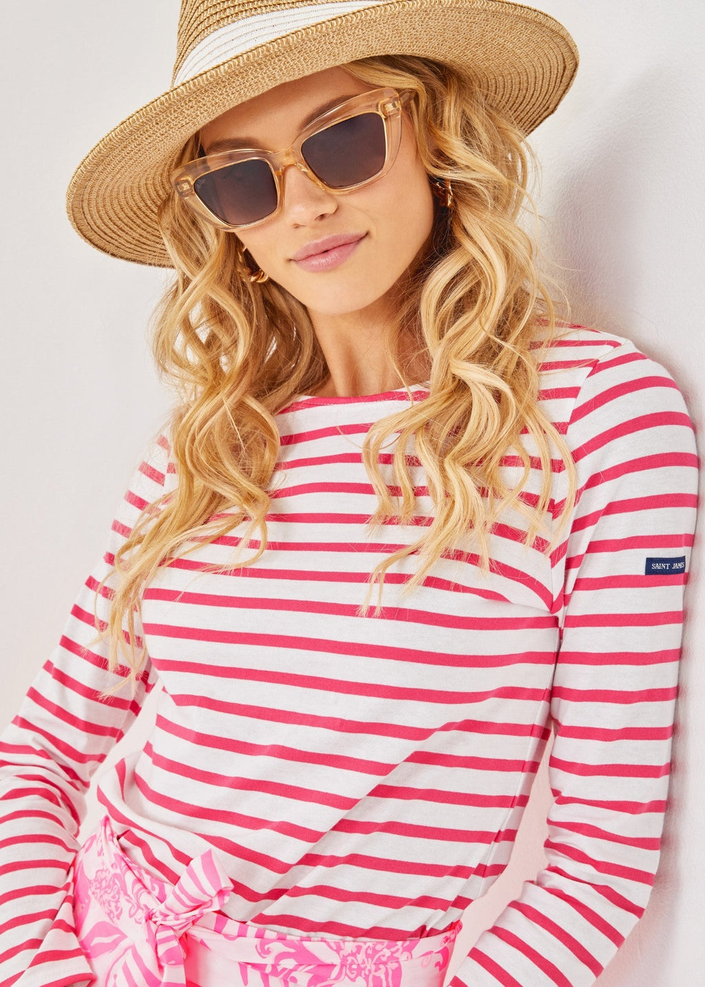 Saint James Lilly Pulitzer x MINQUIDAME - Long-Sleeve Breton Striped Shirt with Lilly Logo Embroidery | Soft Cotton | Women Fit (WHITE / NEON PINK)