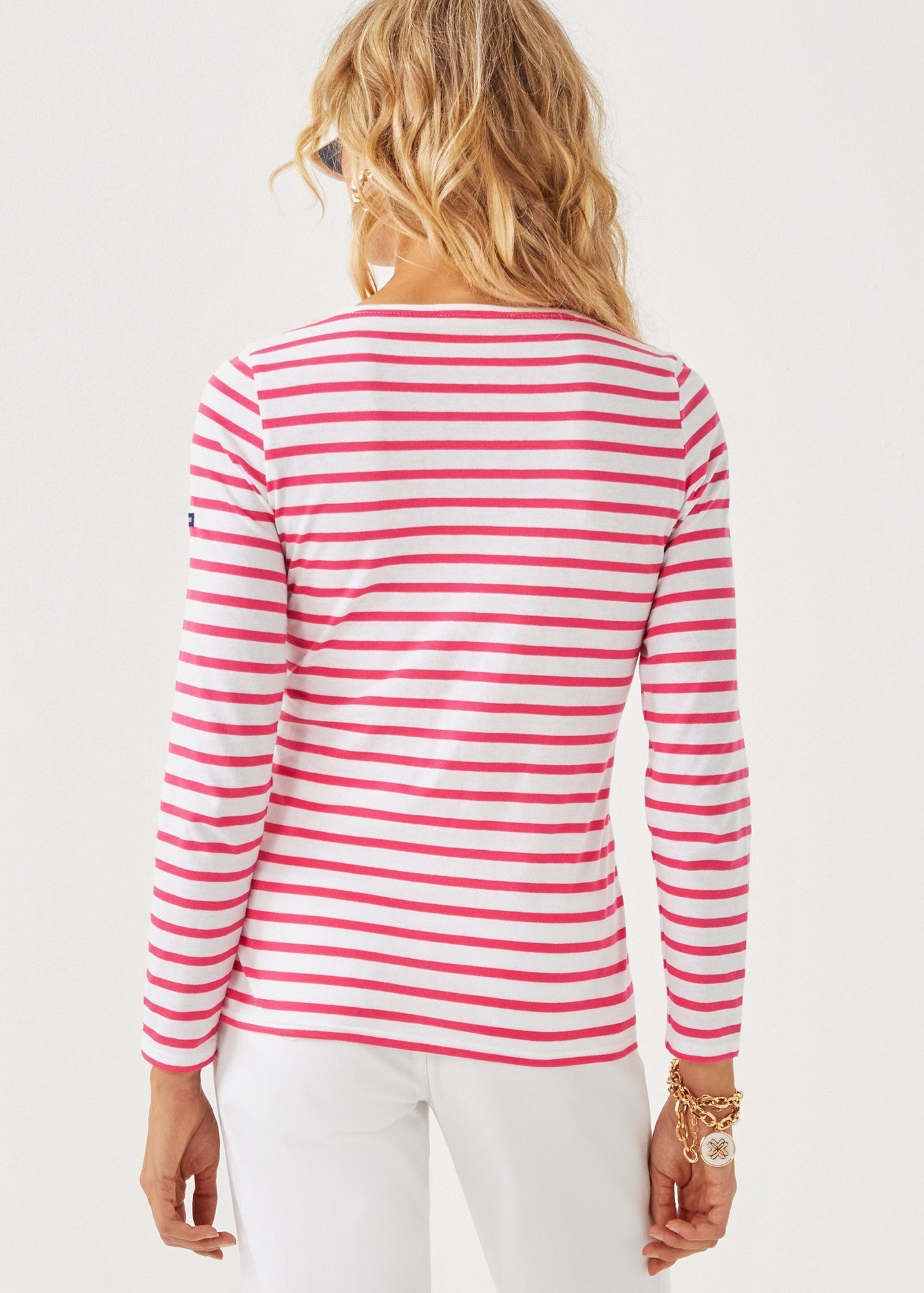 Saint James Lilly Pulitzer x MINQUIDAME - Long-Sleeve Breton Striped Shirt with Lilly Logo Embroidery | Soft Cotton | Women Fit (WHITE / NEON PINK)