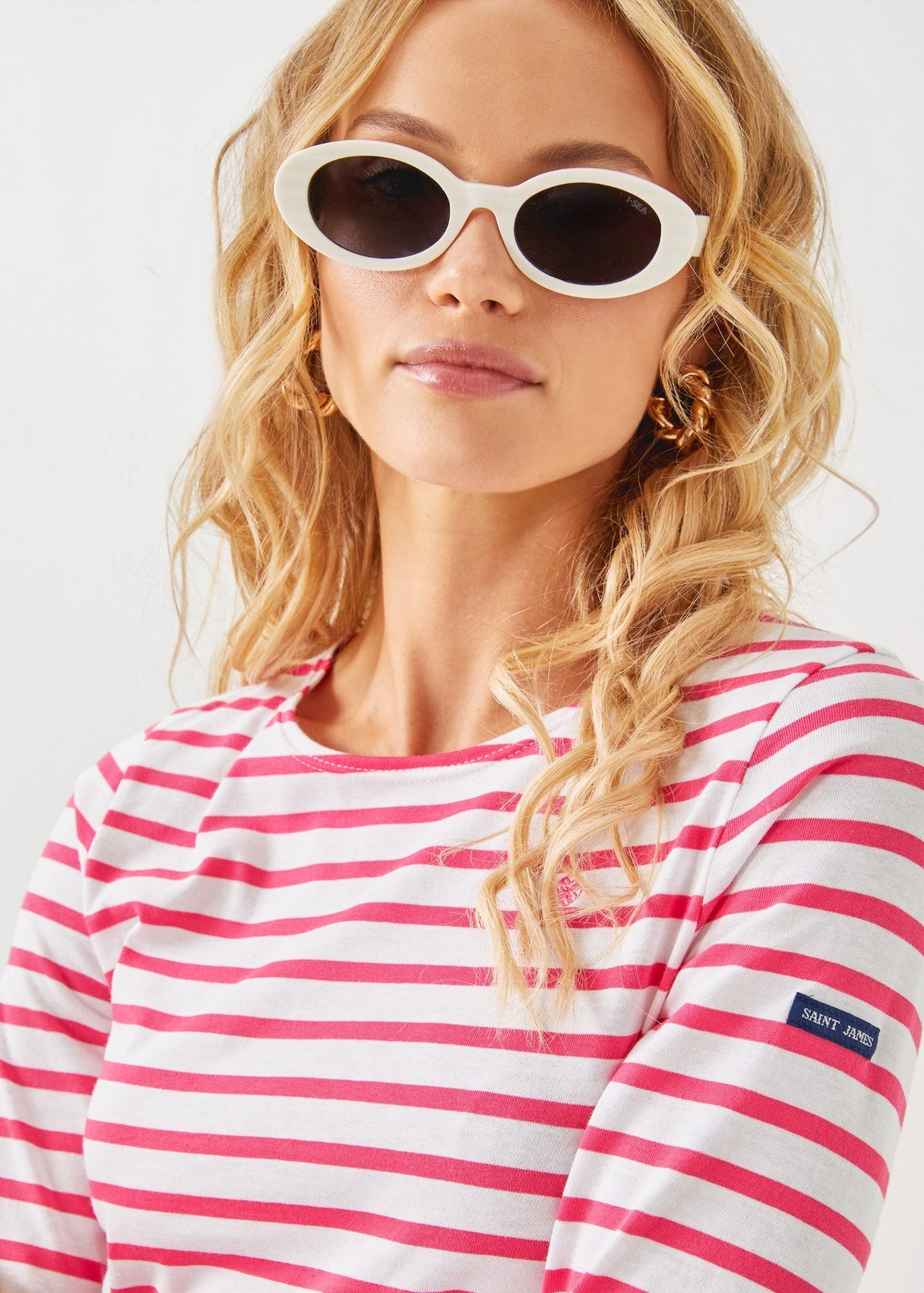 Saint James Lilly Pulitzer x MINQUIDAME - Long-Sleeve Breton Striped Shirt with Lilly Logo Embroidery | Soft Cotton | Women Fit (WHITE / NEON PINK)