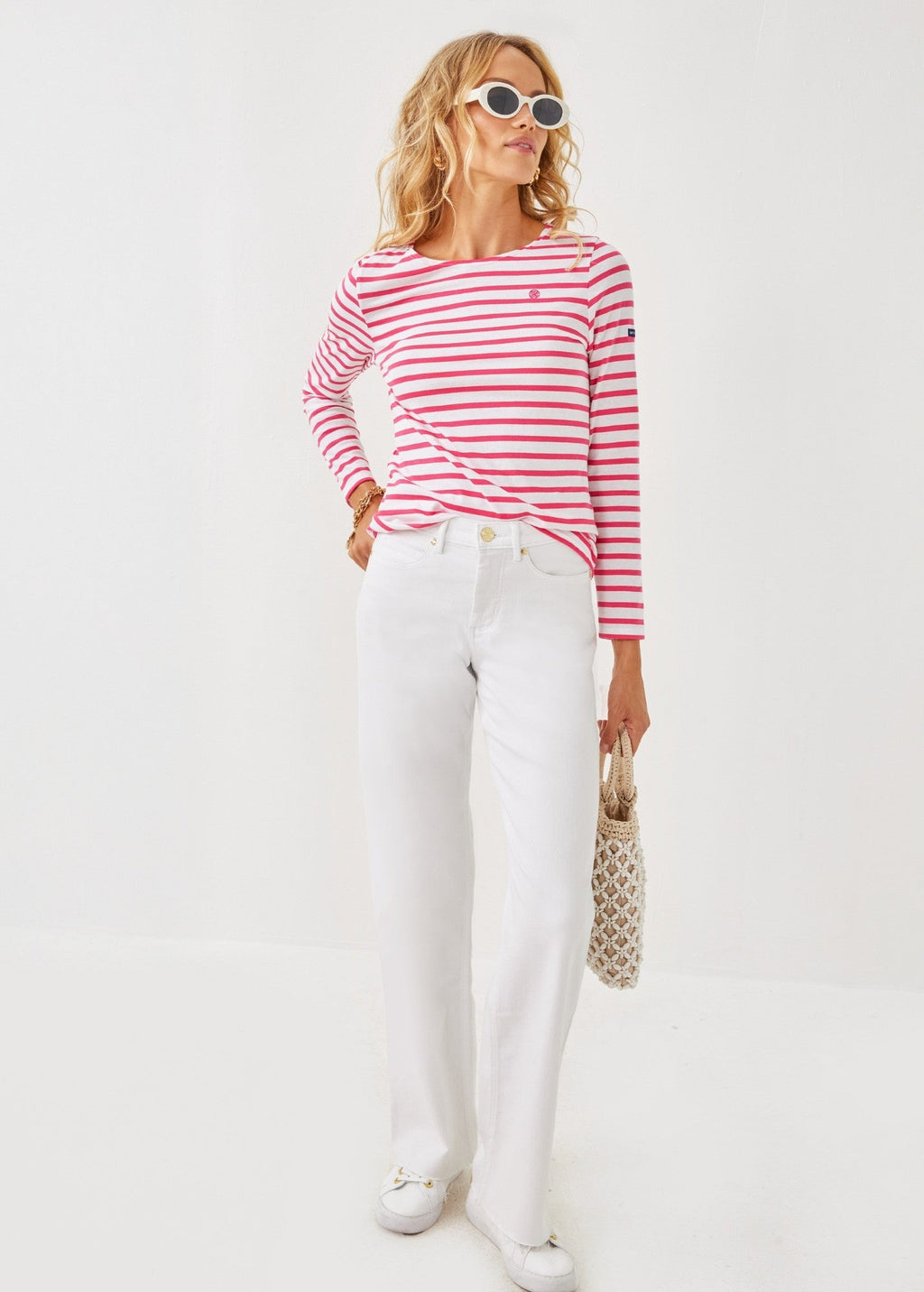 Saint James Lilly Pulitzer x MINQUIDAME - Long-Sleeve Breton Striped Shirt with Lilly Logo Embroidery | Soft Cotton | Women Fit (WHITE / NEON PINK)