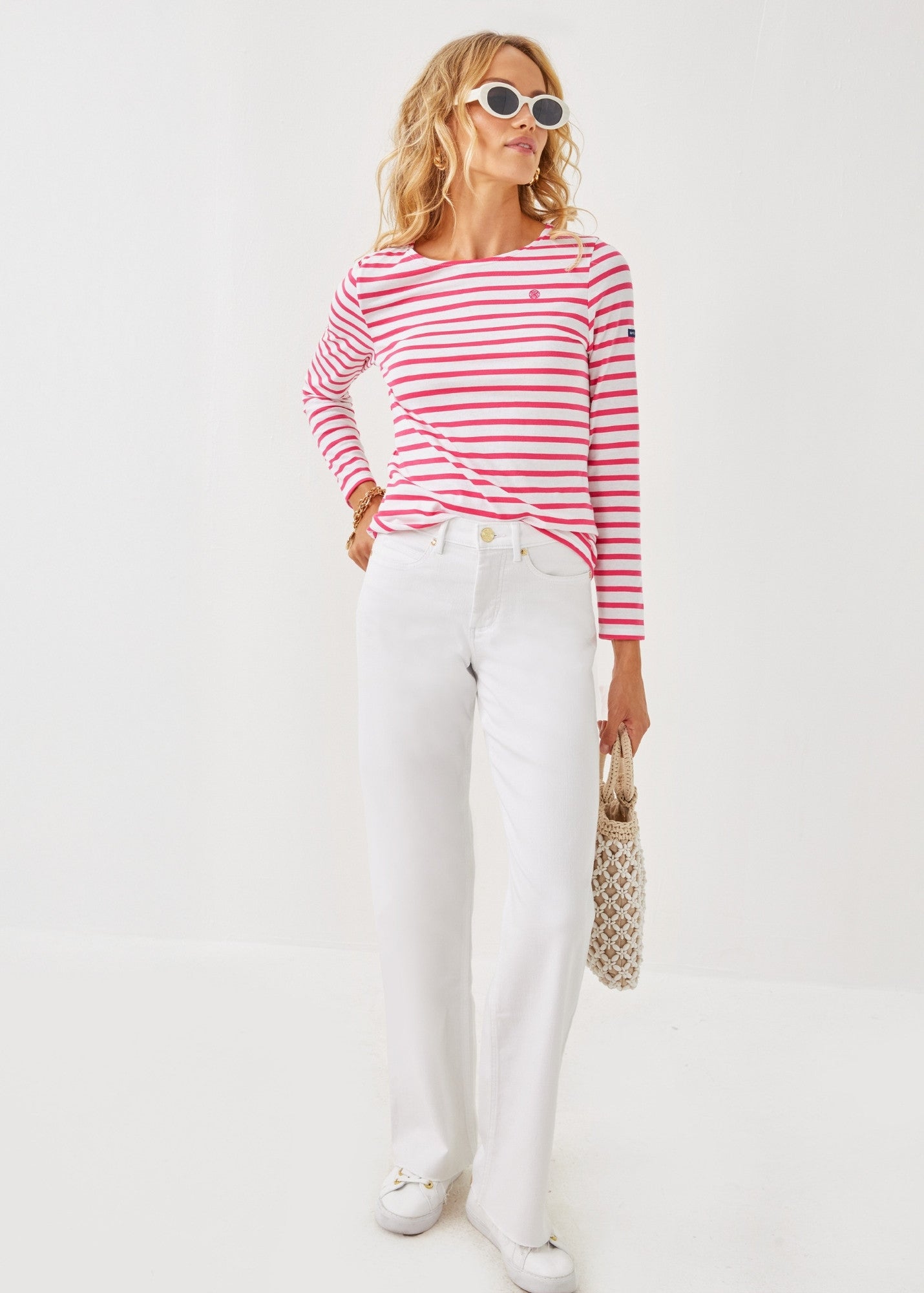 Saint James Lilly Pulitzer x MINQUIDAME - Long-Sleeve Breton Striped Shirt with Lilly Logo Embroidery | Soft Cotton | Women Fit (WHITE / NEON PINK)