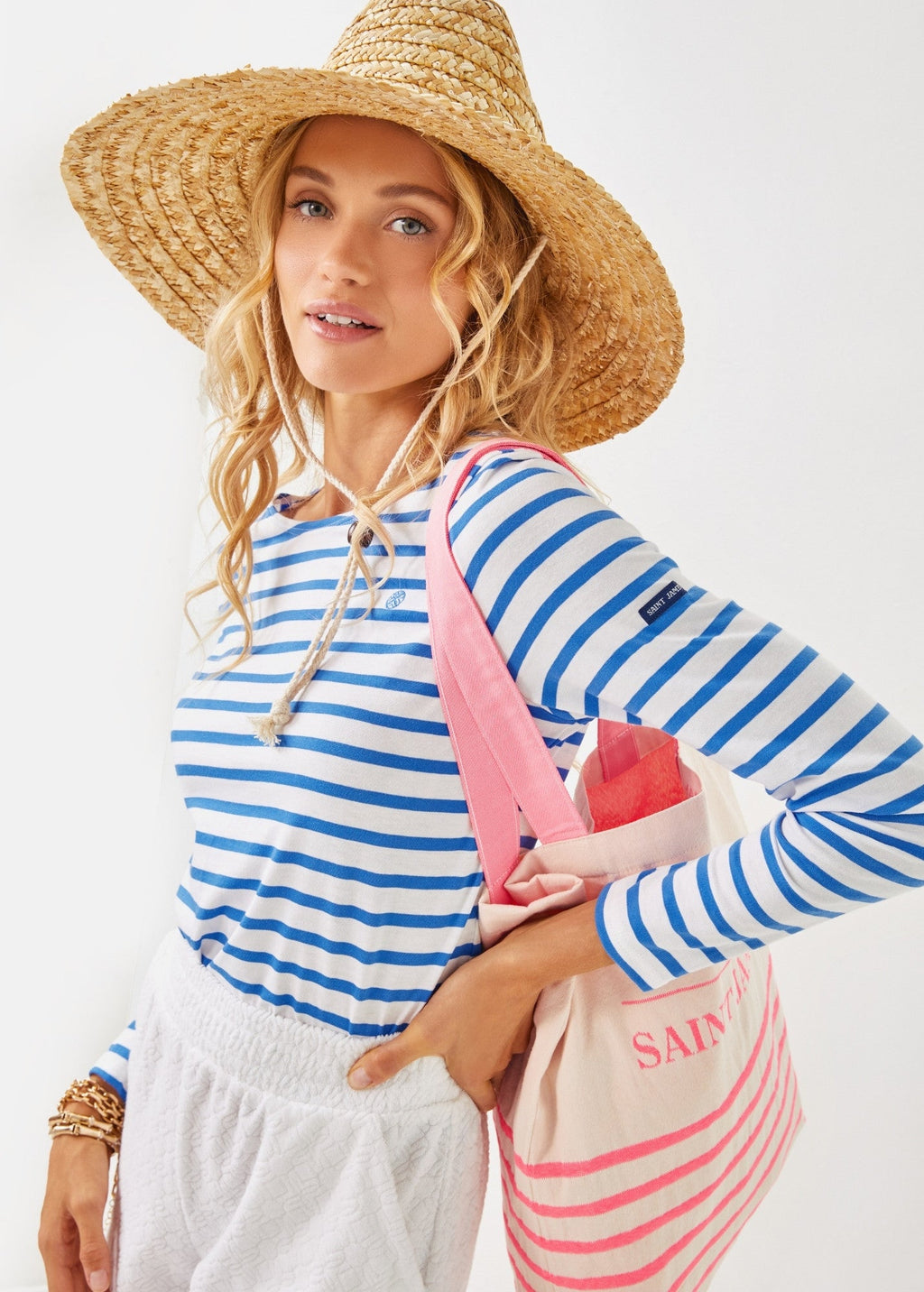 Saint James Lilly Pulitzer x MINQUIDAME - Breton Striped Shirt with Lilly Logo Embroidery | Soft Cotton | Women Fit (WHITE / MER BLUE)