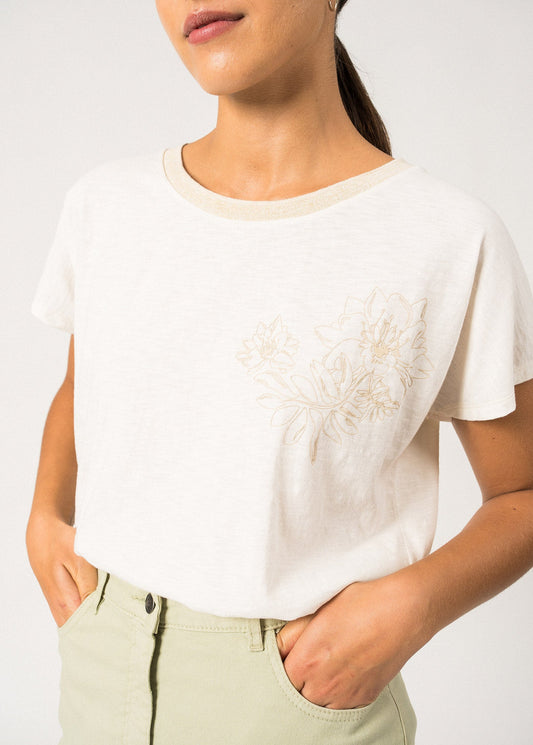 Saint James Melie Tee With Floral Motifs For Women Pima Cotton Ivory Promenade
