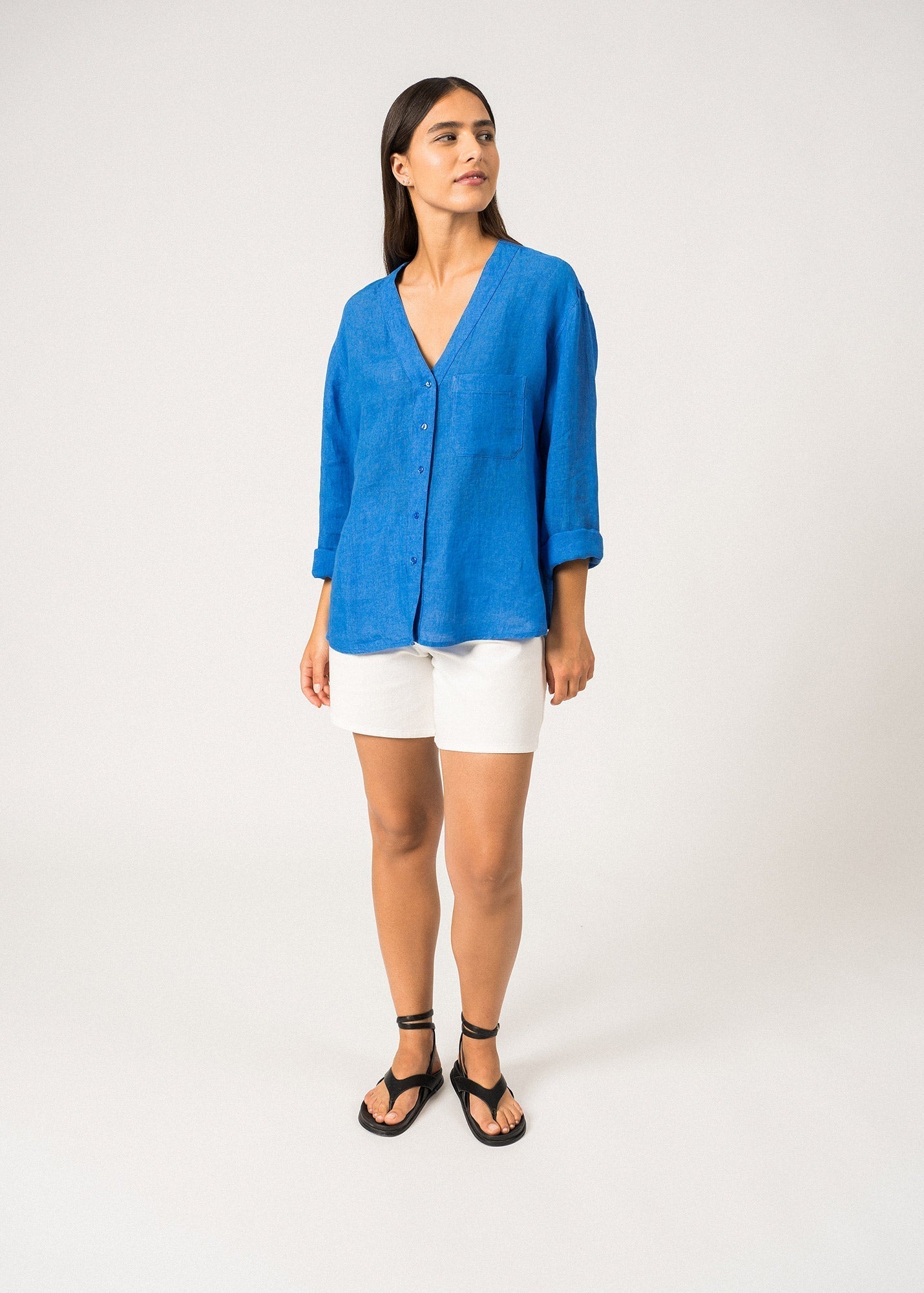 Saint James Laurence Long Sleeved V Neck Button Down Blouse Mer Blue
