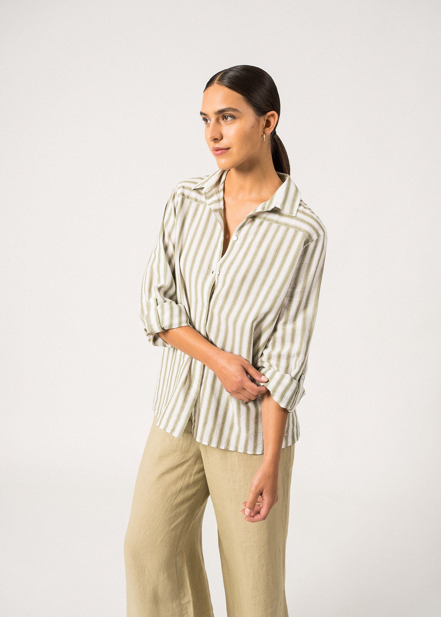 Saint James Camille Striped Button Down Blouse Cotton And Linen Blend White Soft Almond