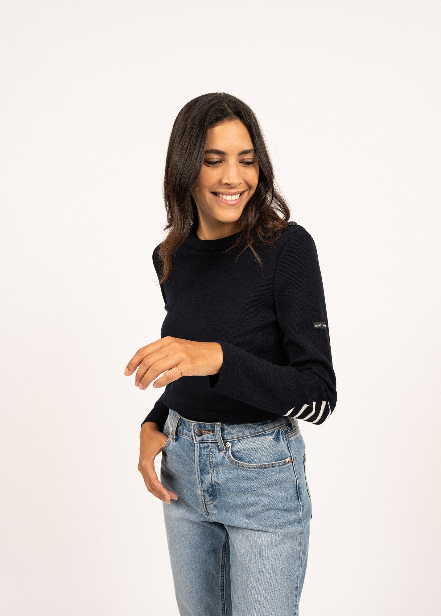 Saint James BREGANCON - Breton Sweater with Jacquard Elbow Patch for Women (NAVY)