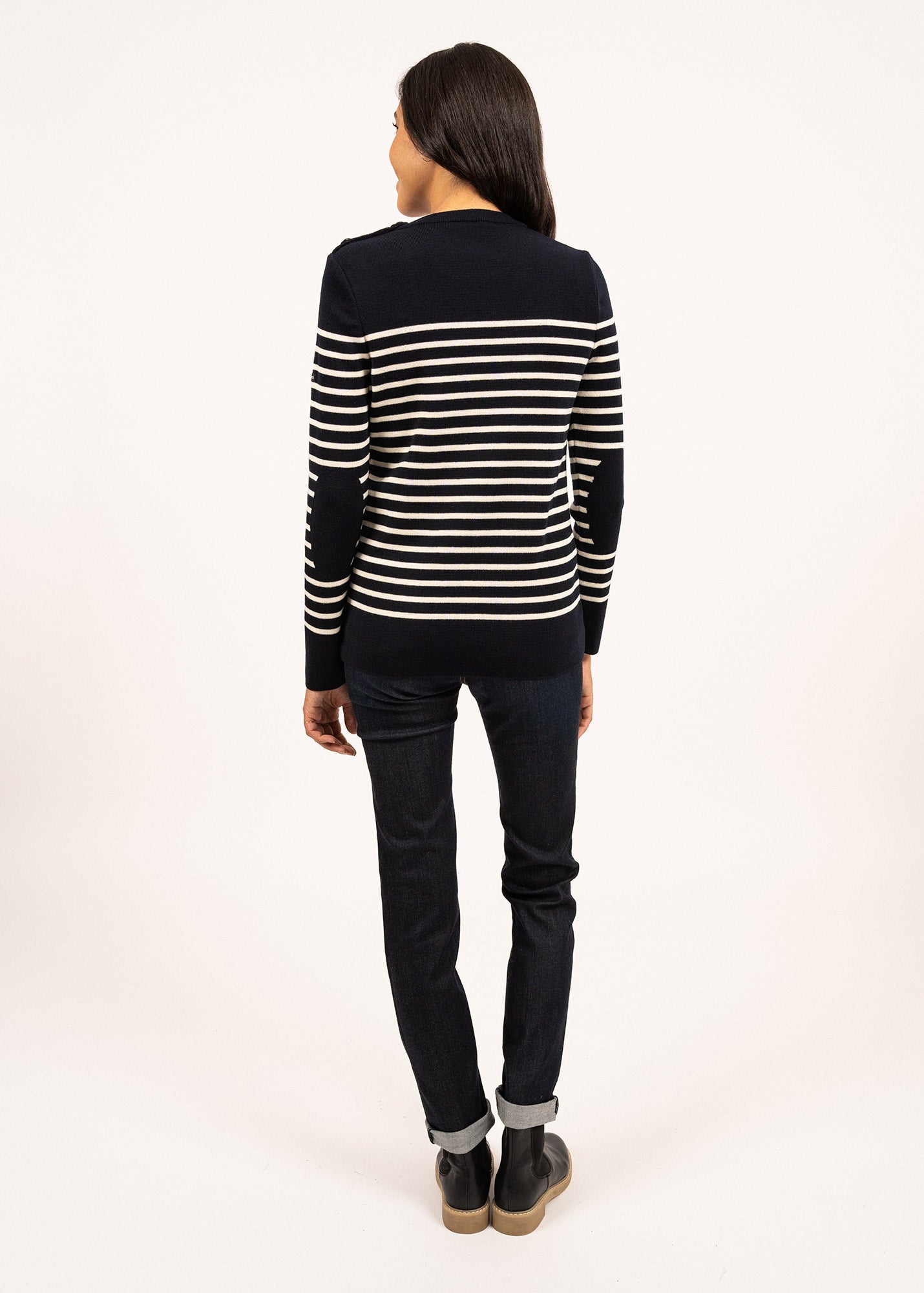 Saint James BREGANCON - Breton Striped Sweater with Jacquard Elbow Patch for Women (NAVY / IVORY)