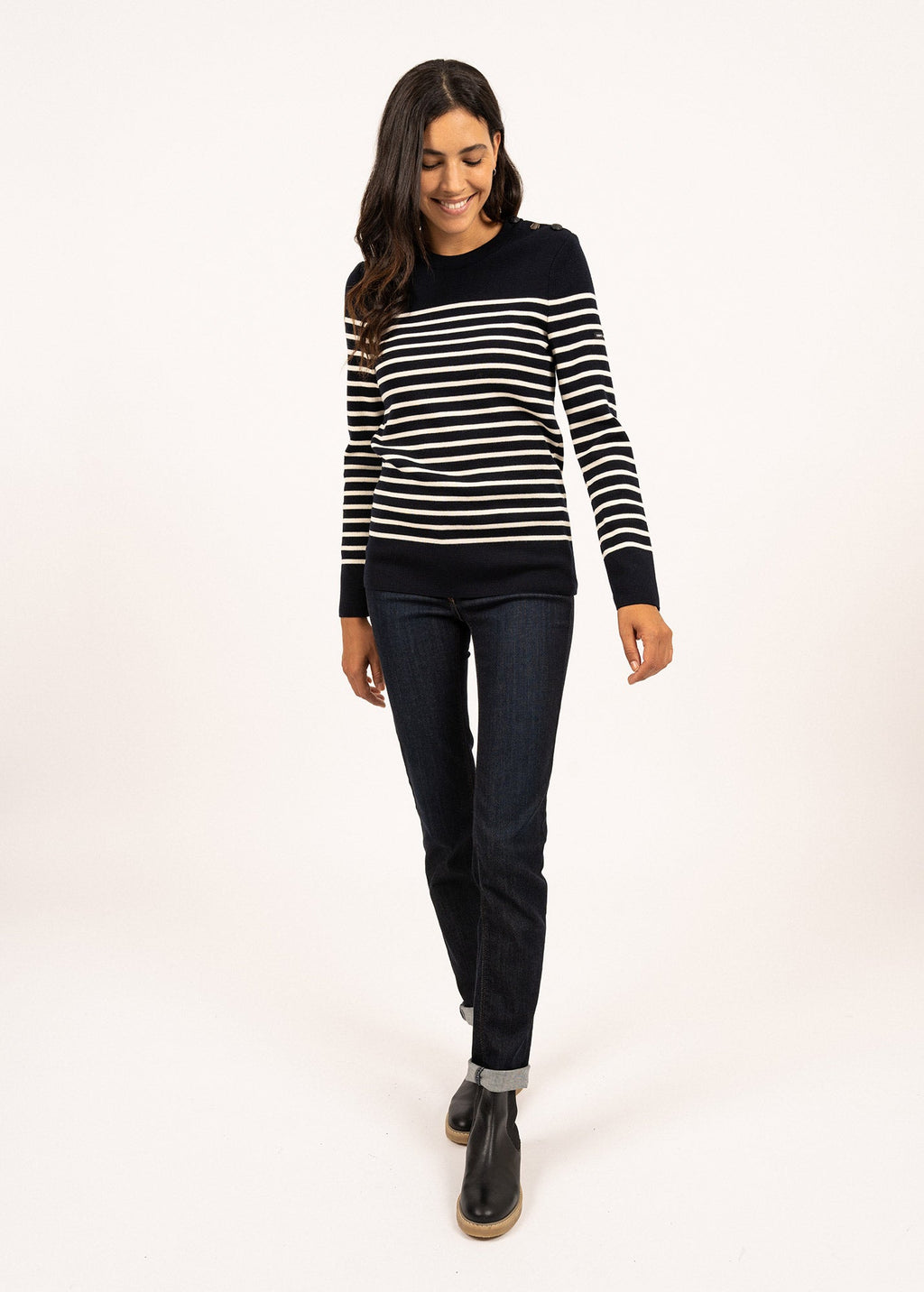 Saint James BREGANCON - Breton Striped Sweater with Jacquard Elbow Patch for Women (NAVY / IVORY)