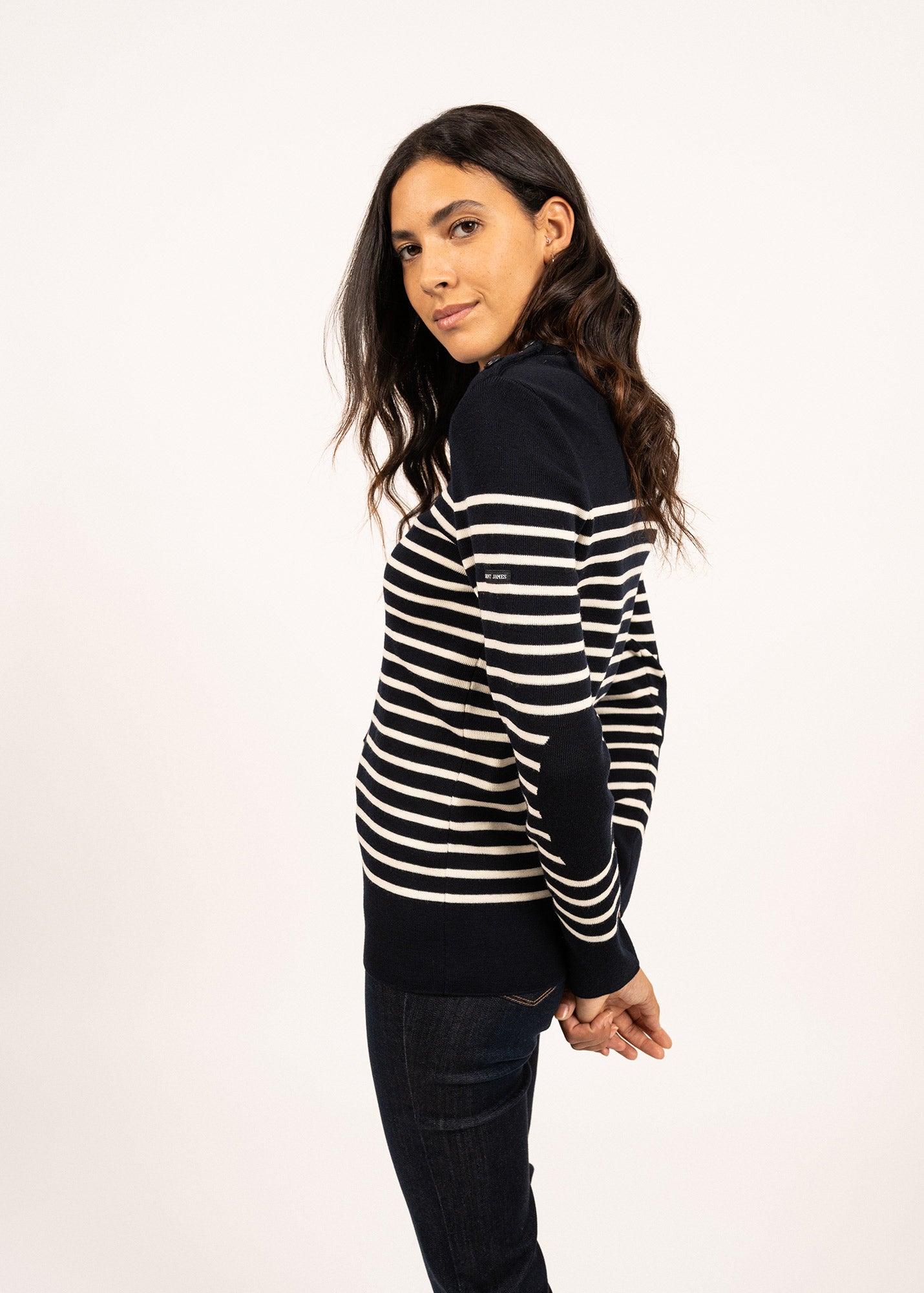 Saint James BREGANCON - Breton Striped Sweater with Jacquard Elbow Patch for Women (NAVY / IVORY)
