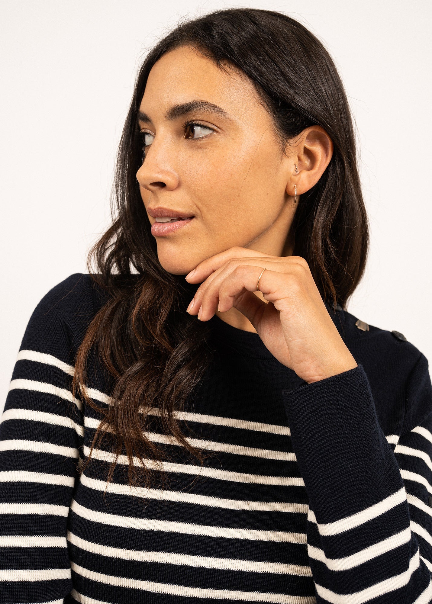 Saint James BREGANCON - Breton Striped Sweater with Jacquard Elbow Patch for Women (NAVY / IVORY)