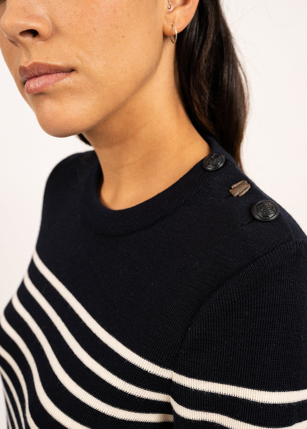 Saint James BREGANCON - Breton Striped Sweater with Jacquard Elbow Patch for Women (NAVY / IVORY)