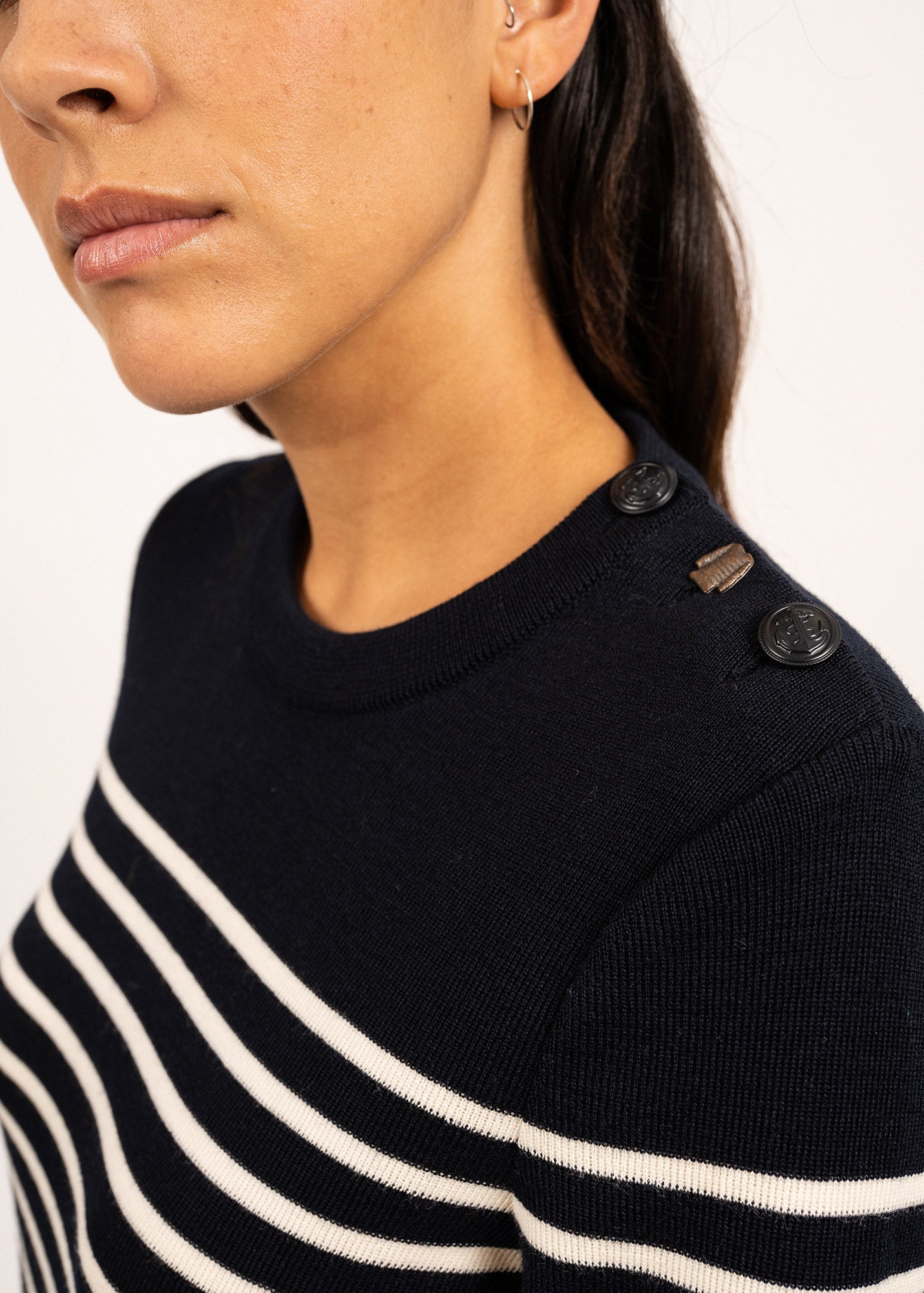 Saint James BREGANCON - Breton Striped Sweater with Jacquard Elbow Patch for Women (NAVY / IVORY)