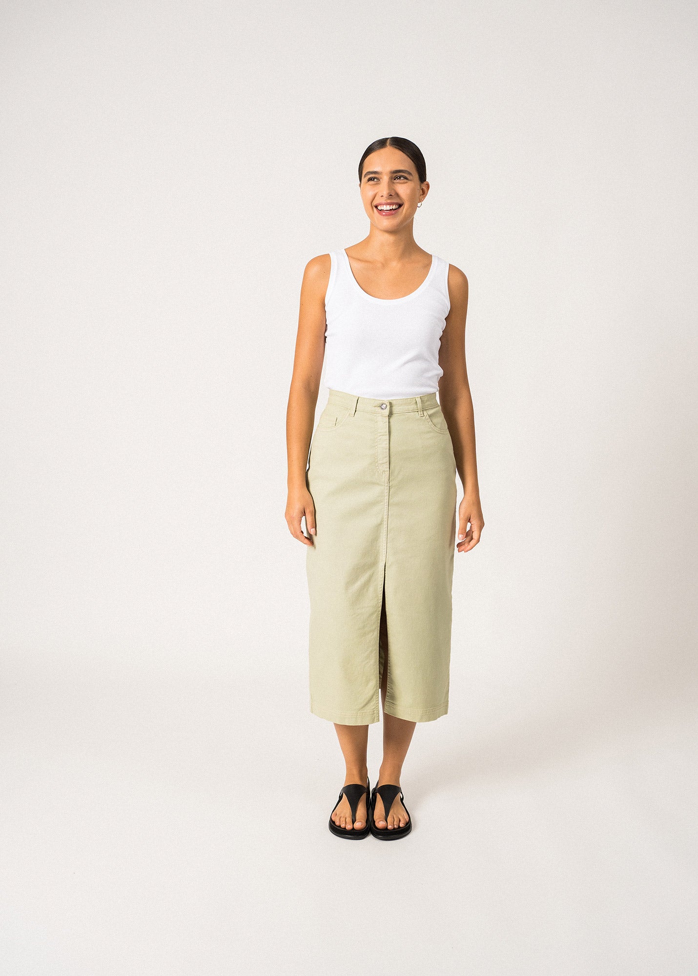 Saint James Julia High Waist Midi Length Skirt With Front Slit Soft Almond