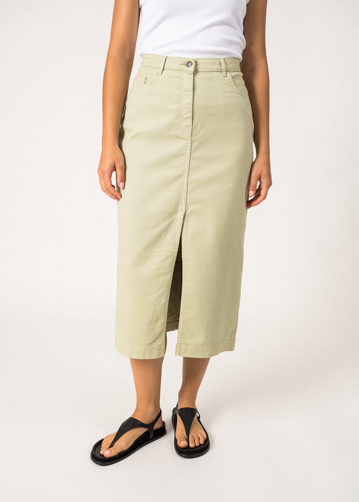 Saint James Julia High Waist Midi Length Skirt With Front Slit Soft Almond