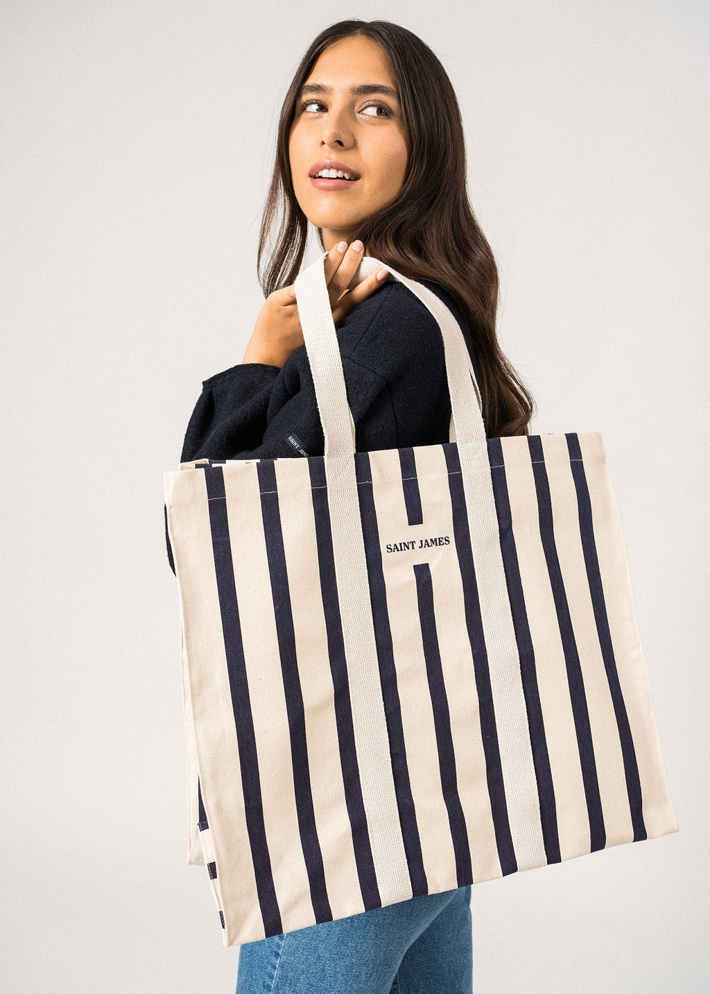 Saint James LE GRAND TOTE Oversized Striped Tote Bag (ECRU / NAVY)