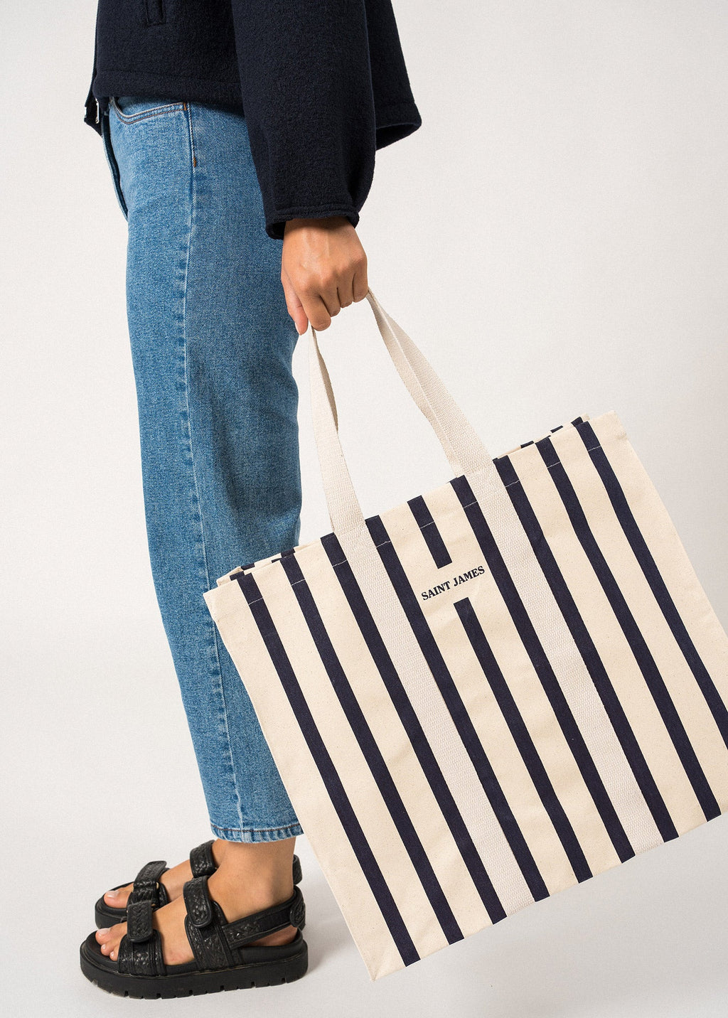 Saint James LE GRAND TOTE Oversized Striped Tote Bag (ECRU / NAVY)
